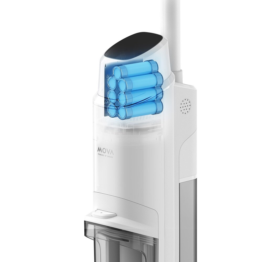 Białe i przezroczyste urządzenie czyszczące z niebieskimi cylindrycznymi obiektami wewnątrz przezroczystej sekcji. Widoczna marka MOVA.