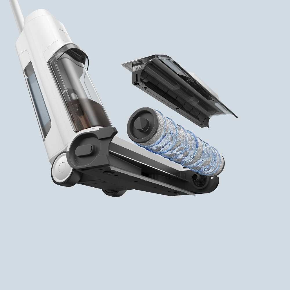 Widok rozłożeniowy białej i czarnej myjki do podłóg. Części obejmują zbiornik na wodę, wałek szczotkowy i pojemnik na zanieczyszczenia.