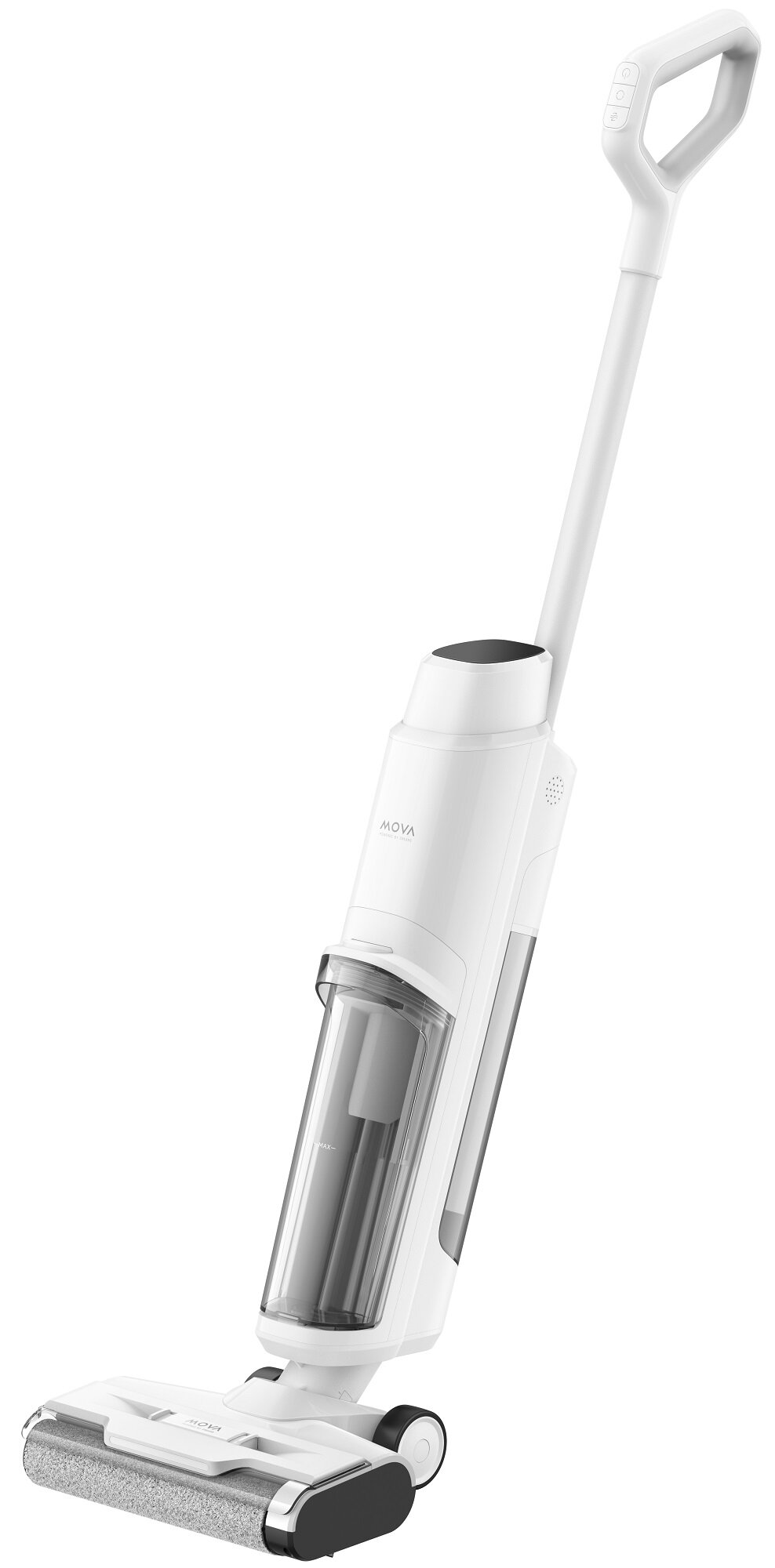 Biało-szara myjka do podłóg MOVA. Ma uchwyt, zbiornik na wodę i głowicę czyszczącą z szarą nakładką.