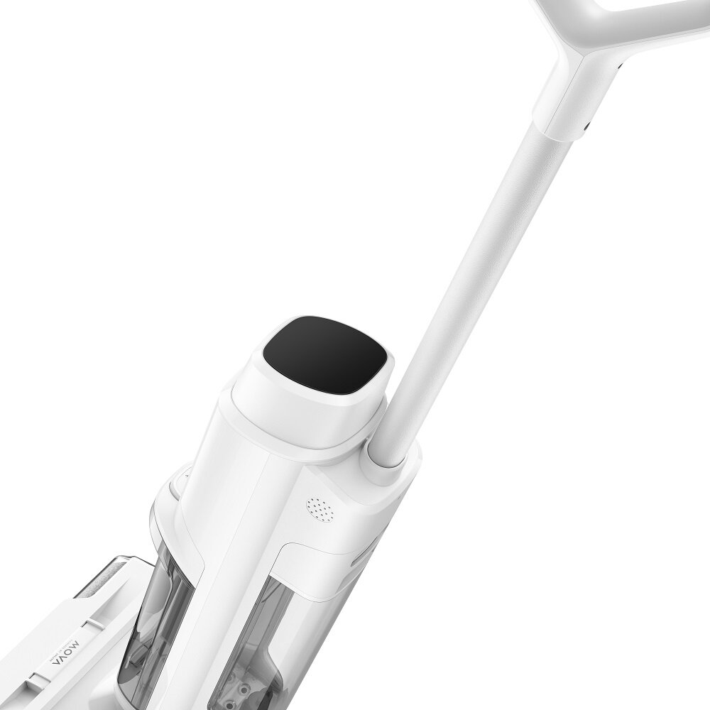 Biało-czarny odkurzacz z długim uchwytem. Odkurzacz jest pod kątem, pokazując uchwyt i korpus. Widoczne jest słowo MOVA.