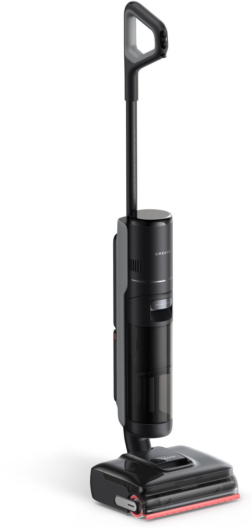 Czarny i szary bezprzewodowy odkurzacz Dreame. Posiada uchwyt, korpus ze zbiornikiem na wodę i głowicę czyszczącą.