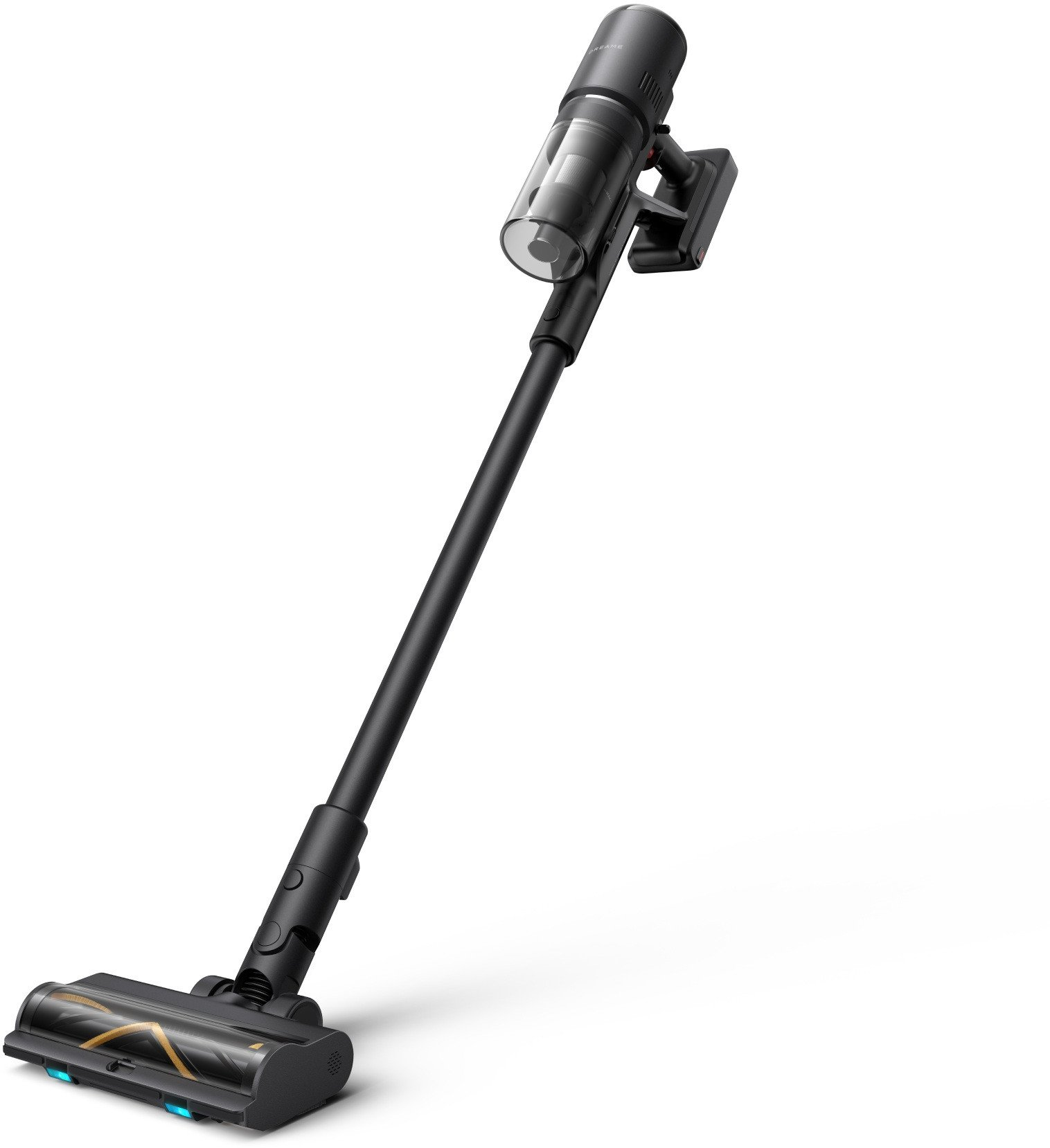 Czarny i szary odkurzacz bezprzewodowy. Jest pochylony, pokazując uchwyt, silnik i głowicę czyszczącą. Białe tło.