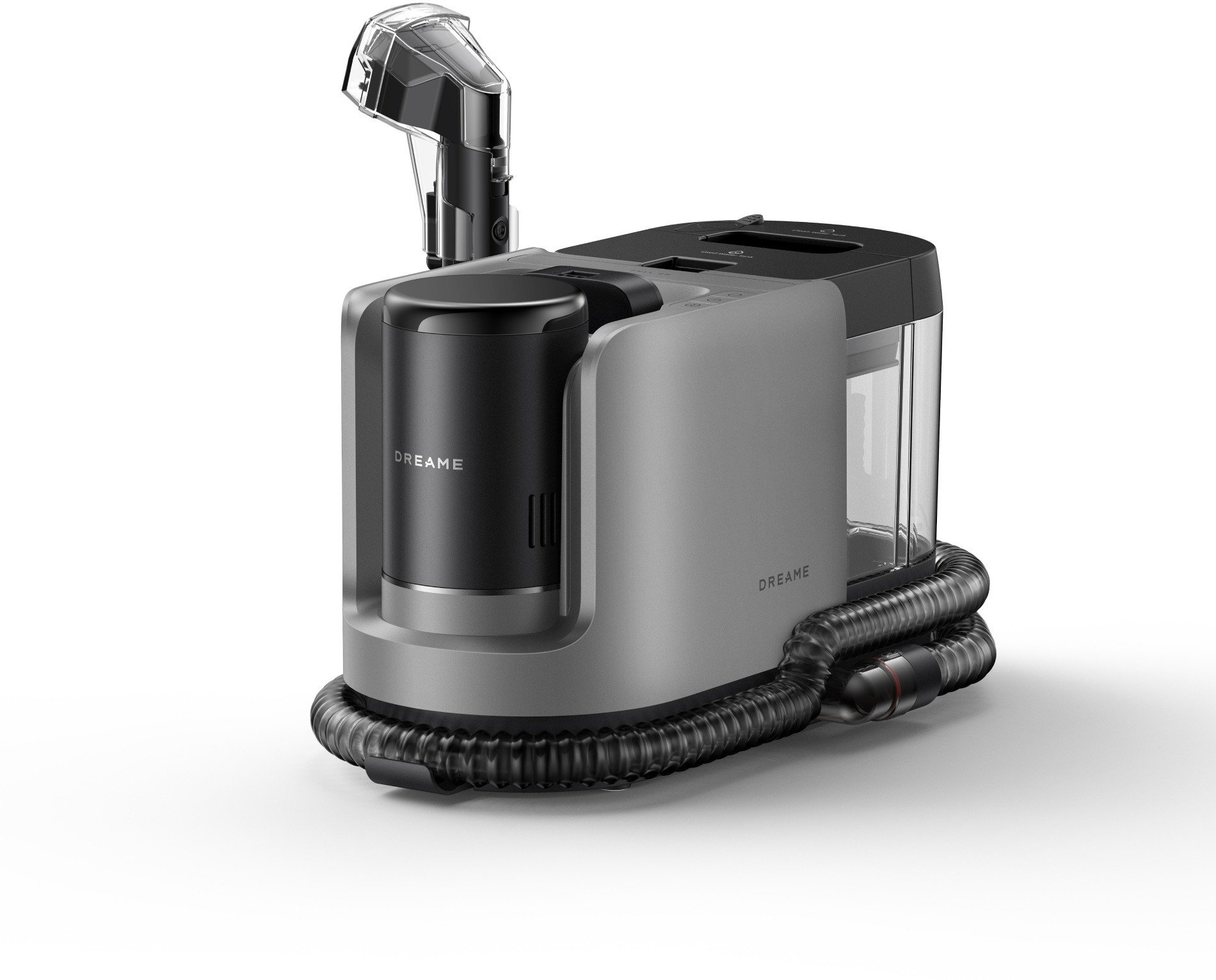 Srebrno-czarna maszyna CPAP z przezroczystą komorą na wodę i elastycznym wężem. Widoczna jest nazwa marki 'DREAME'.