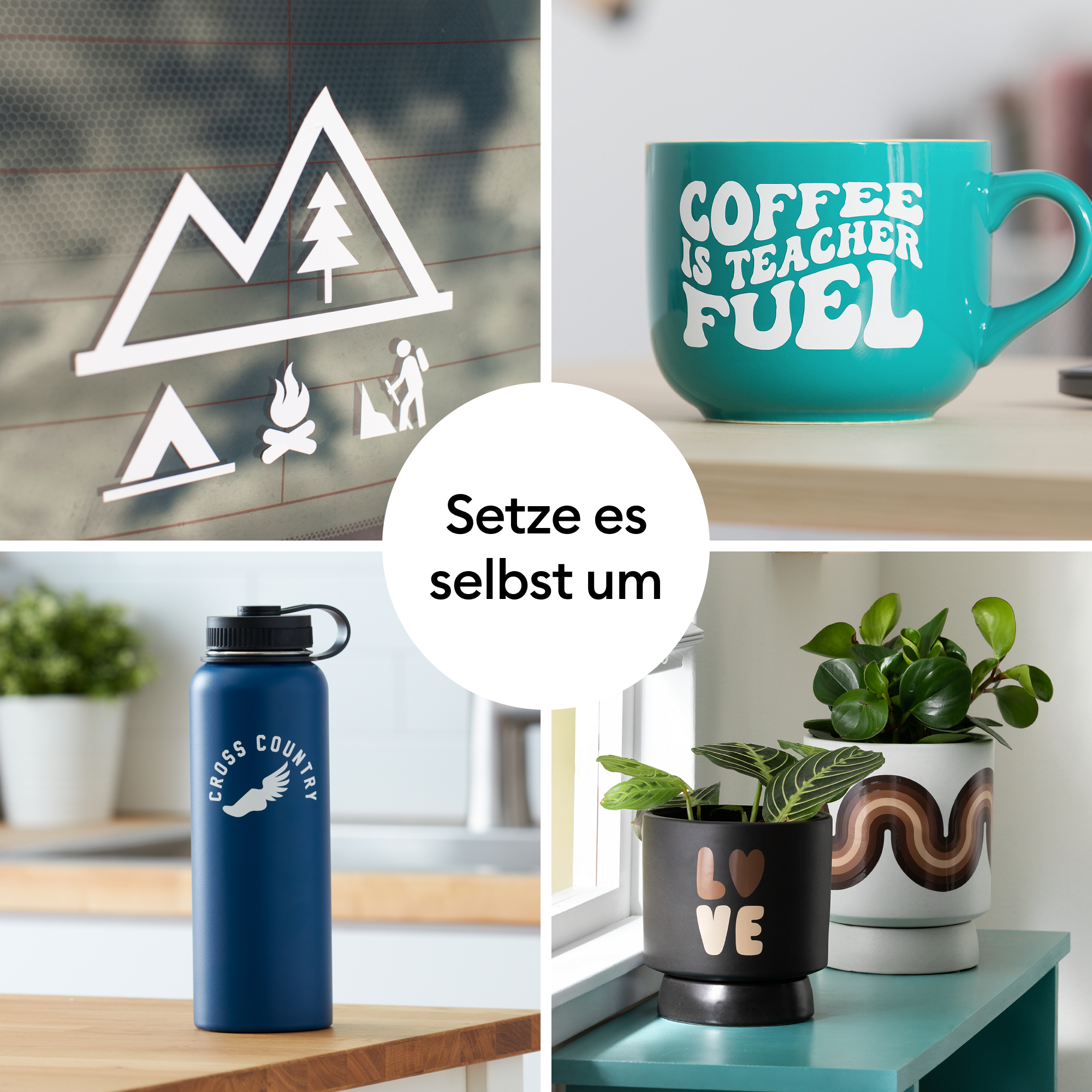 Das Bild zeigt vier Quadranten: Campingsymbole, eine türkisfarbene Tasse, eine blaue Wasserflasche und zwei Topfpflanzen.