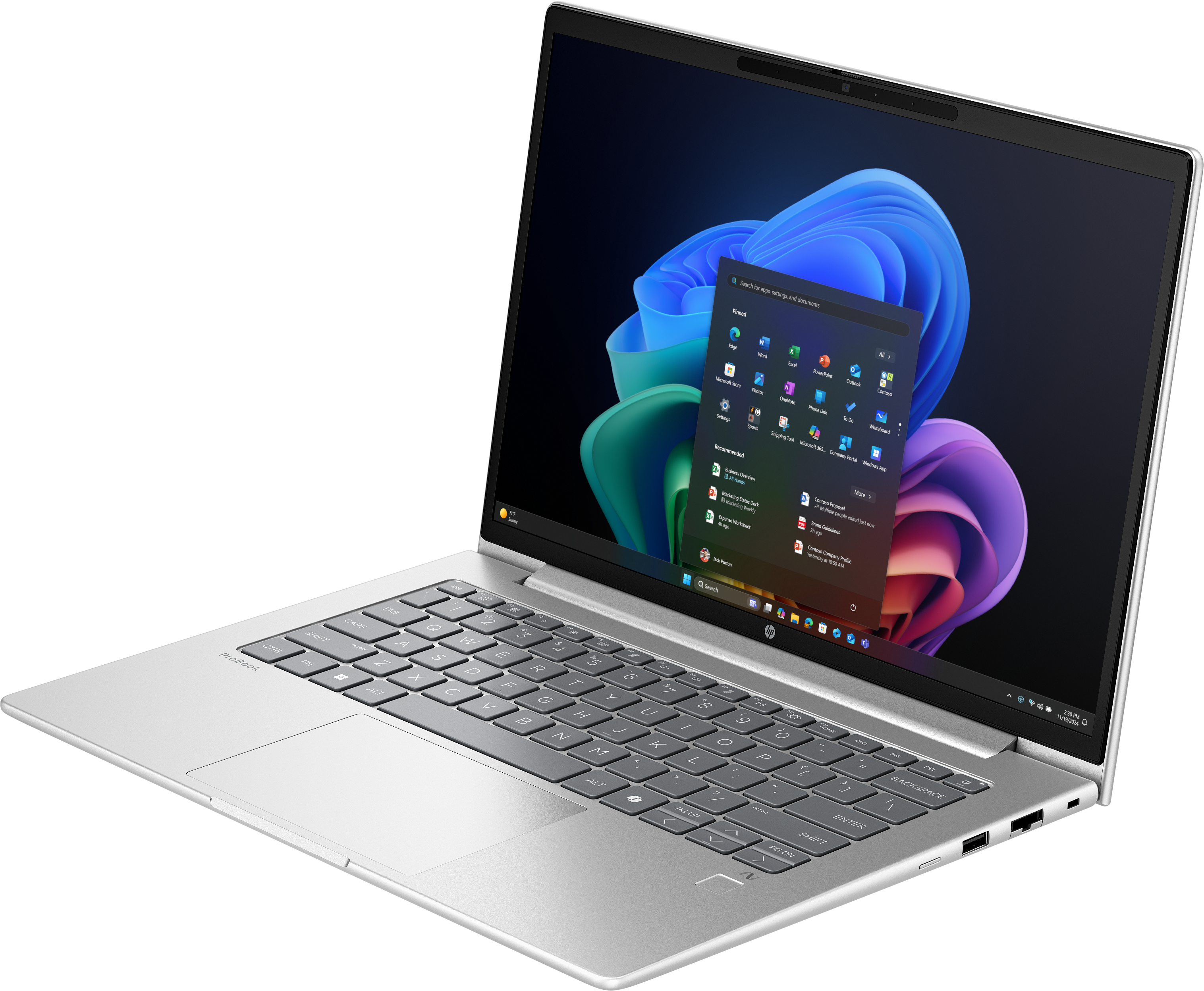 Silberner HP-Laptop offen, Windows-Oberfläche wird angezeigt. Tastatur sichtbar. Schwarzer Hintergrund.
