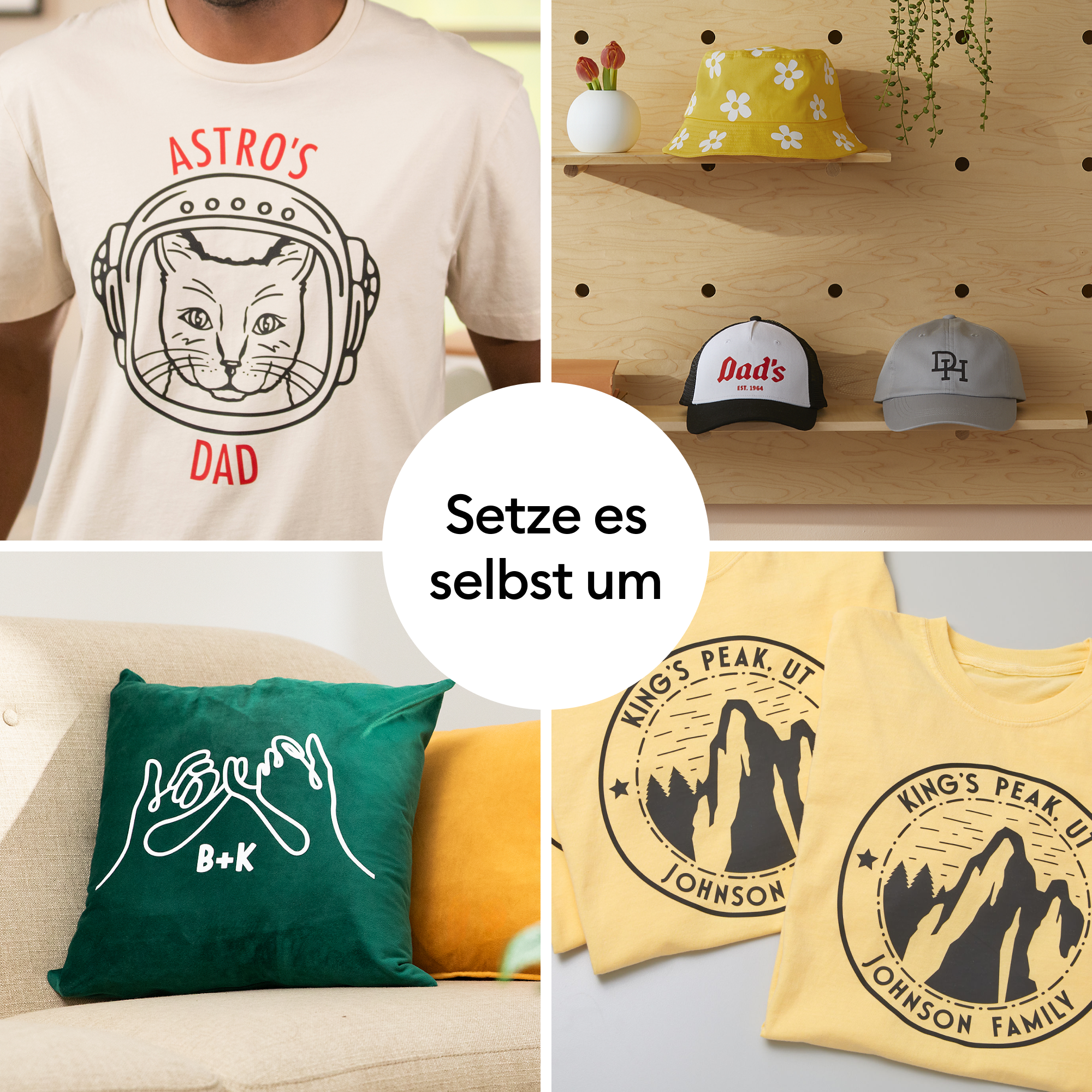 Eine Collage mit einem Shirt mit Katzenmotiv, Hüten, einem Kissen und Shirts mit Bergmotiven. Ein zentraler Kreis sagt "Setze es selbst um".