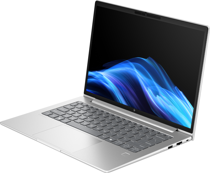 Ein silberner Laptop auf schwarzem Hintergrund. Der Bildschirm zeigt blaue und weiße abstrakte Kunst. Tastatur und Touchpad sind sichtbar.