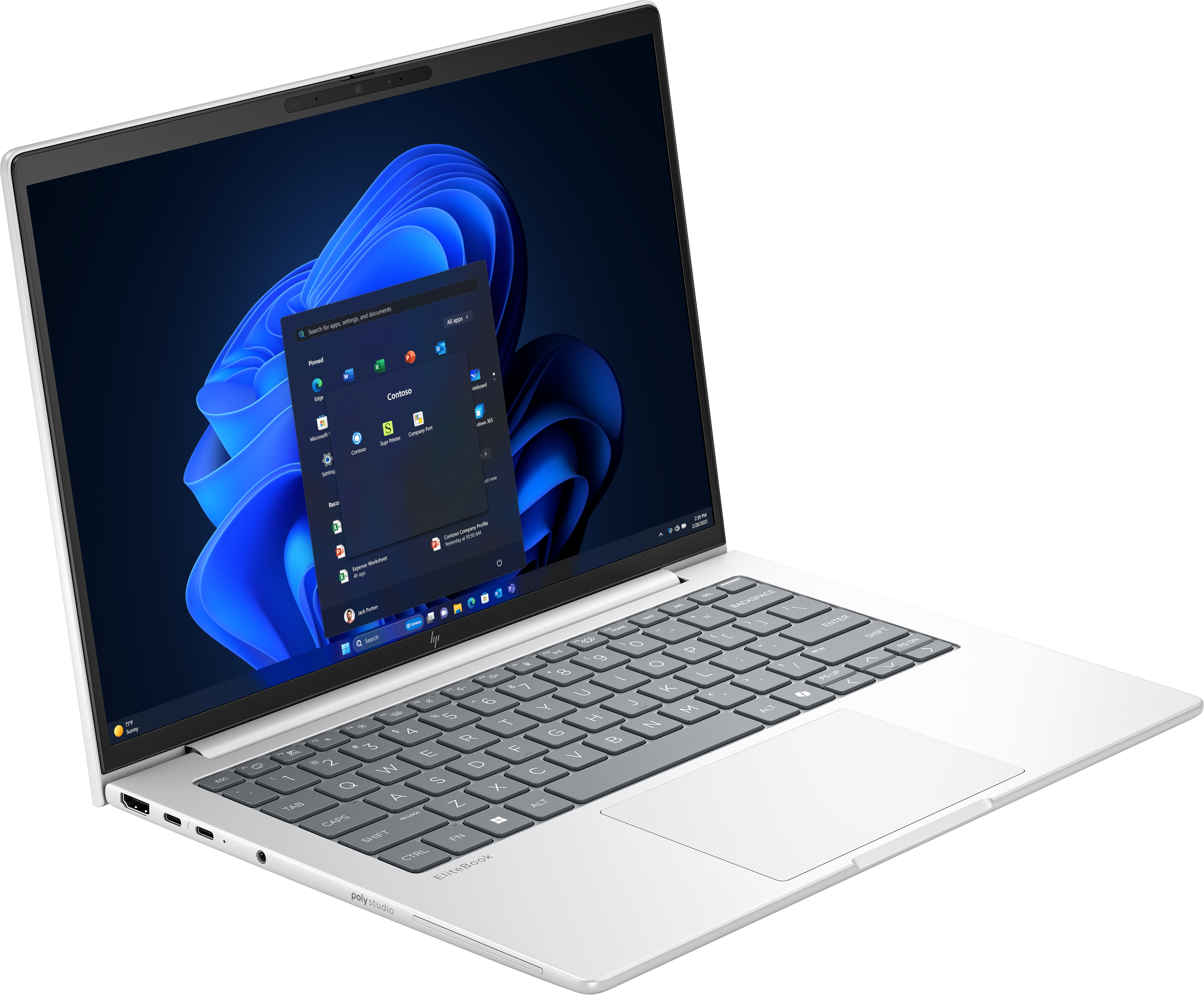 Ein silberner Laptop zeigt eine Windows 11-Oberfläche mit einer App-Suchleiste. Die Tastatur ist sichtbar, der Bildschirm blaue Wirbel.