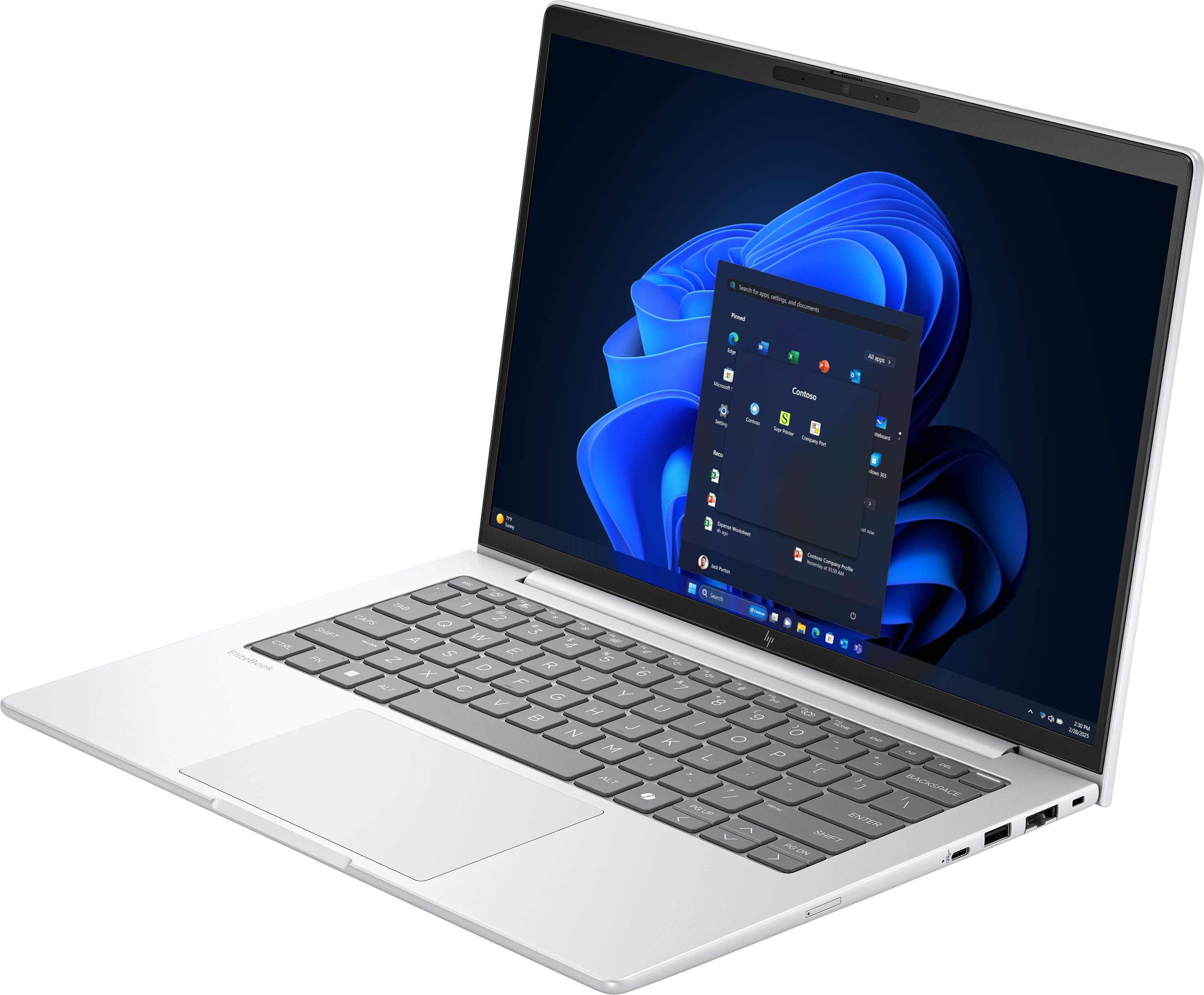Ein weißer Laptop zeigt Windows 11 mit offenem App-Menü. Die Tastatur ist sichtbar, der Hintergrund ist dunkel.