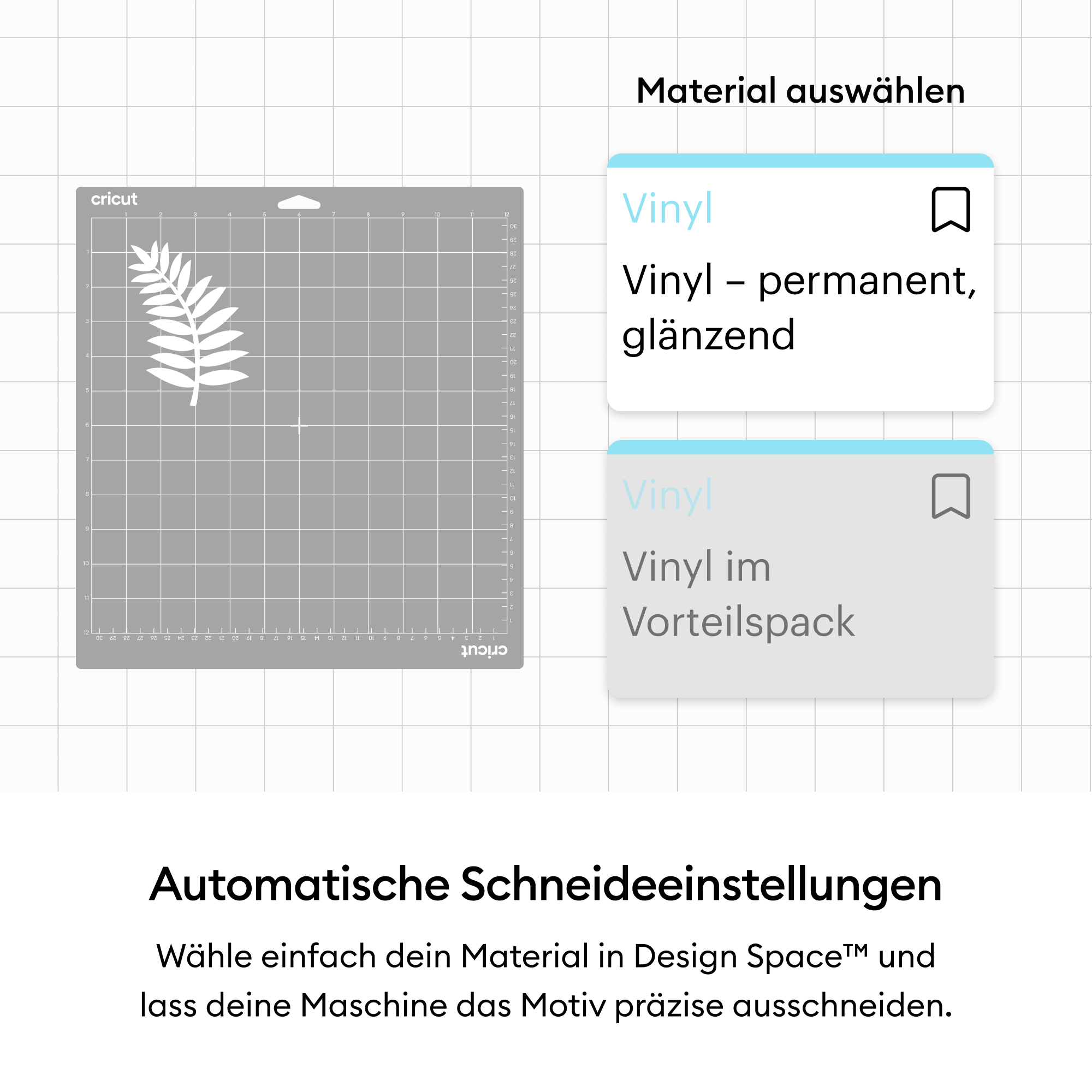Eine Cricut-Schneidematte mit weißem Blattdesign. Zwei Vinyloptionen werden angezeigt. Die Seite bietet automatische Schneideeinstellungen.