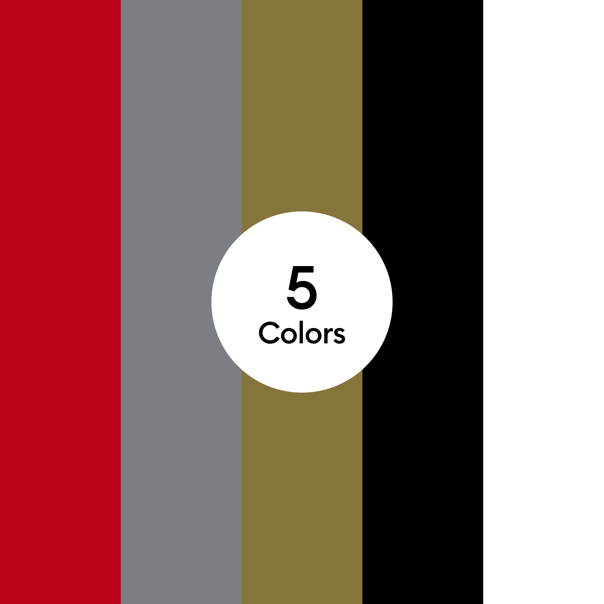 Farbpalette mit fünf vertikalen Streifen: rot, grau, gold, schwarz und weiß. Ein weißer Kreis in der Mitte sagt "5 Farben".