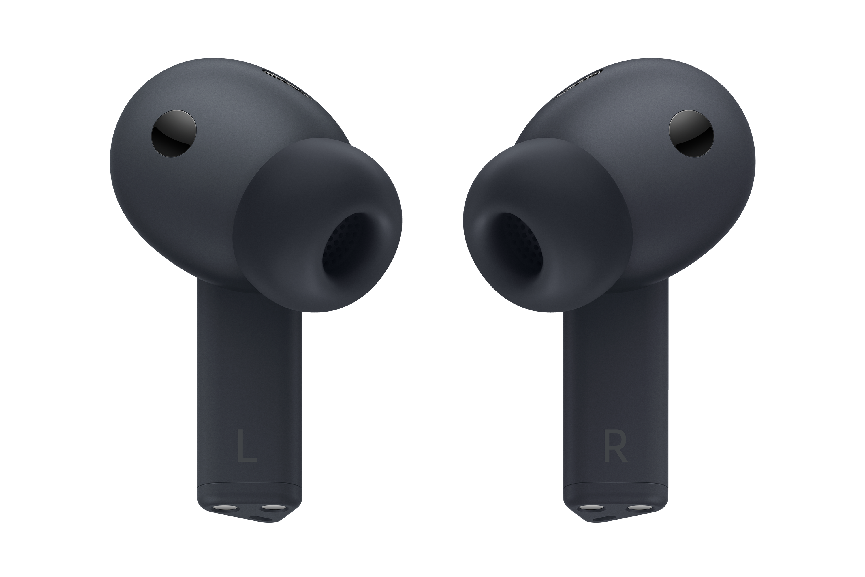 Dwa ciemnoszare bezprzewodowe słuchawki na czarnym tle. Lewa słuchawka oznaczona 'L', prawa 'R'.