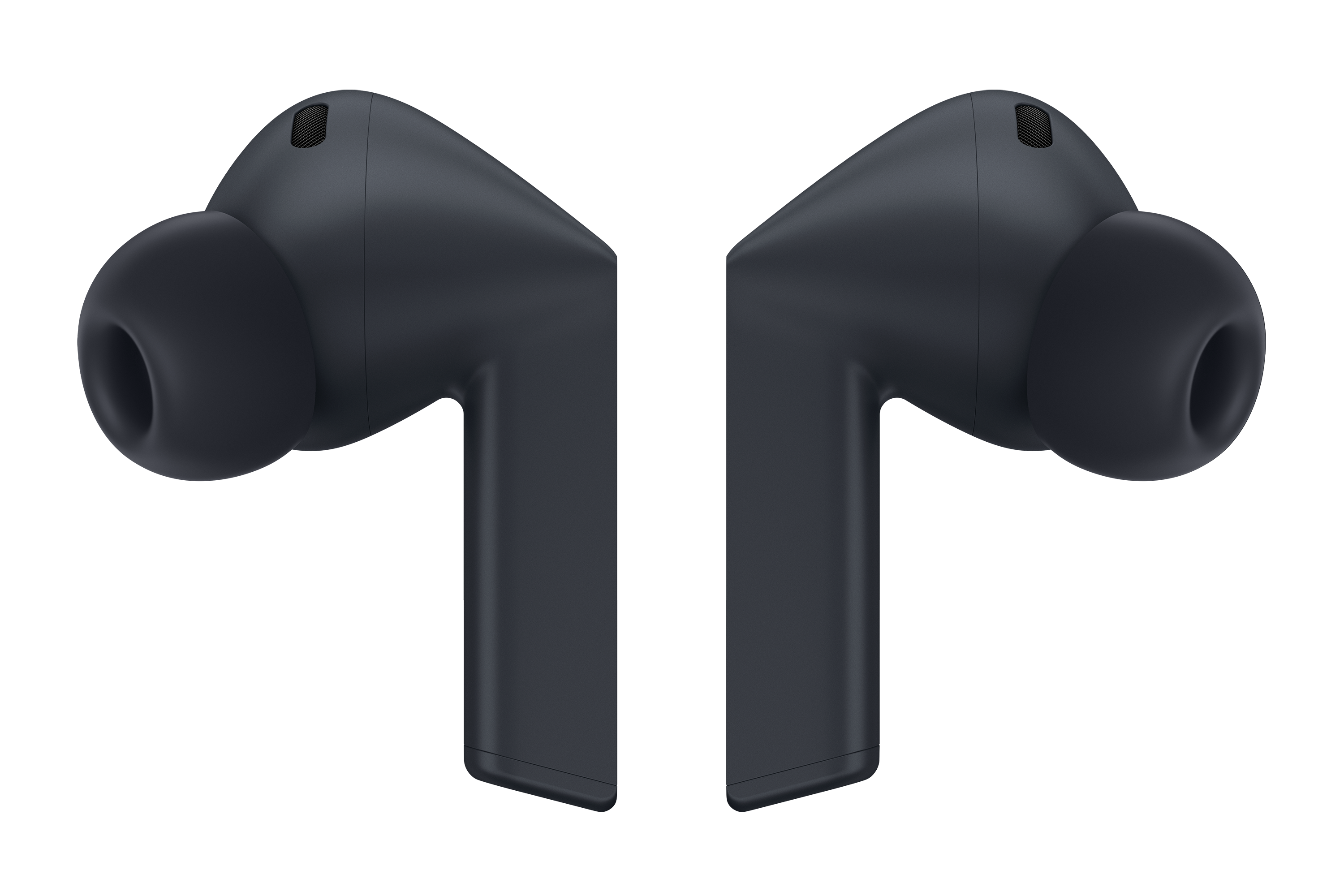 Dwa ciemnoniebieskie bezprzewodowe słuchawki na czarnym tle. Każda słuchawka jest skierowana do środka.