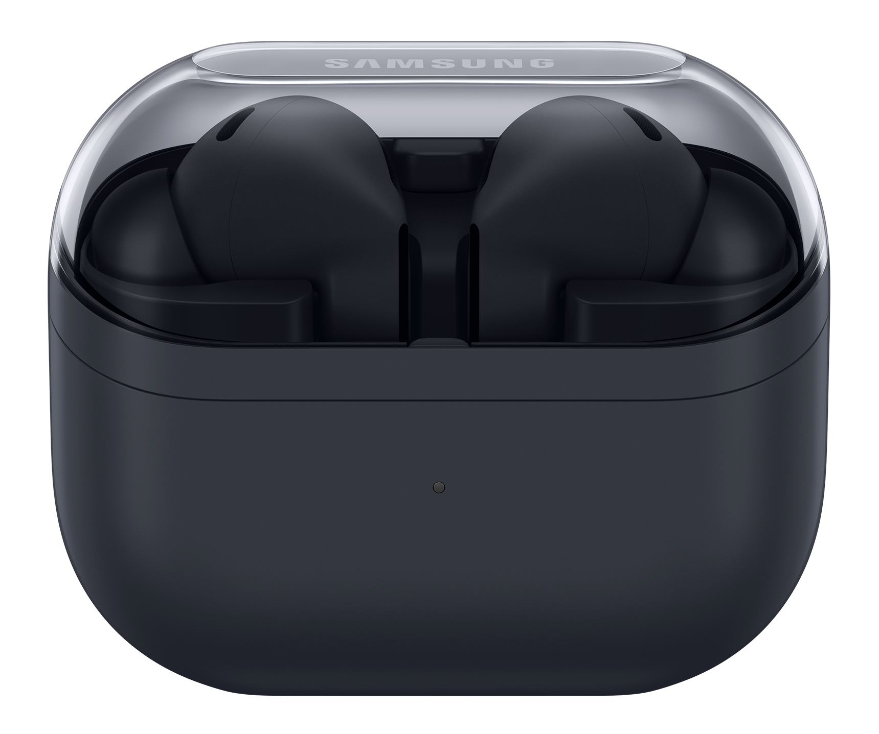 Ciemnoniebieskie etui na słuchawki Samsung z dwoma ciemnymi słuchawkami w środku, pod przezroczystą osłoną. Tło jest czarne.