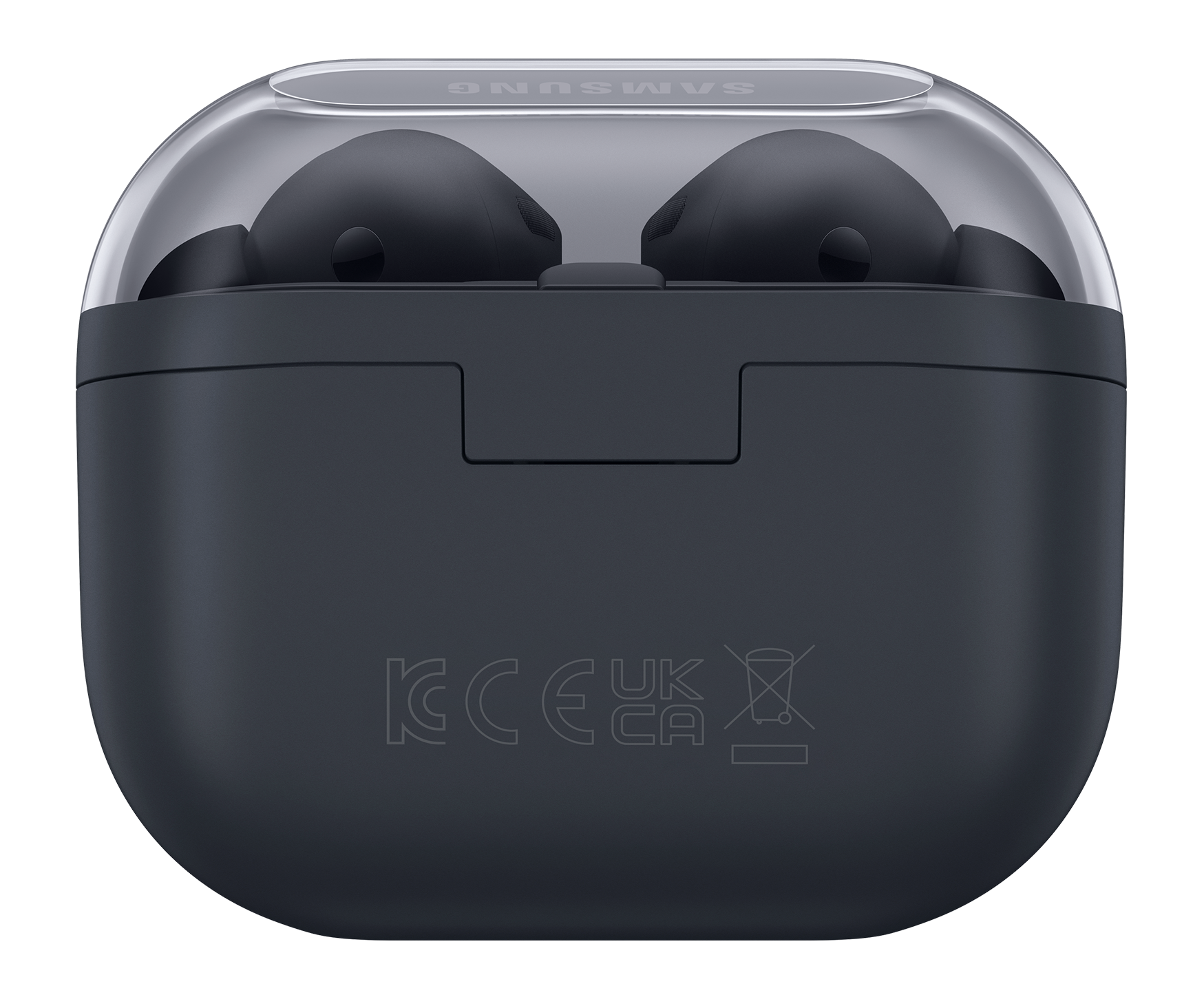 Ciemnoszara obudowa Samsung Galaxy Buds ze słuchawkami w środku. Przezroczysta pokrywa i logo Samsung. Czarne tło.