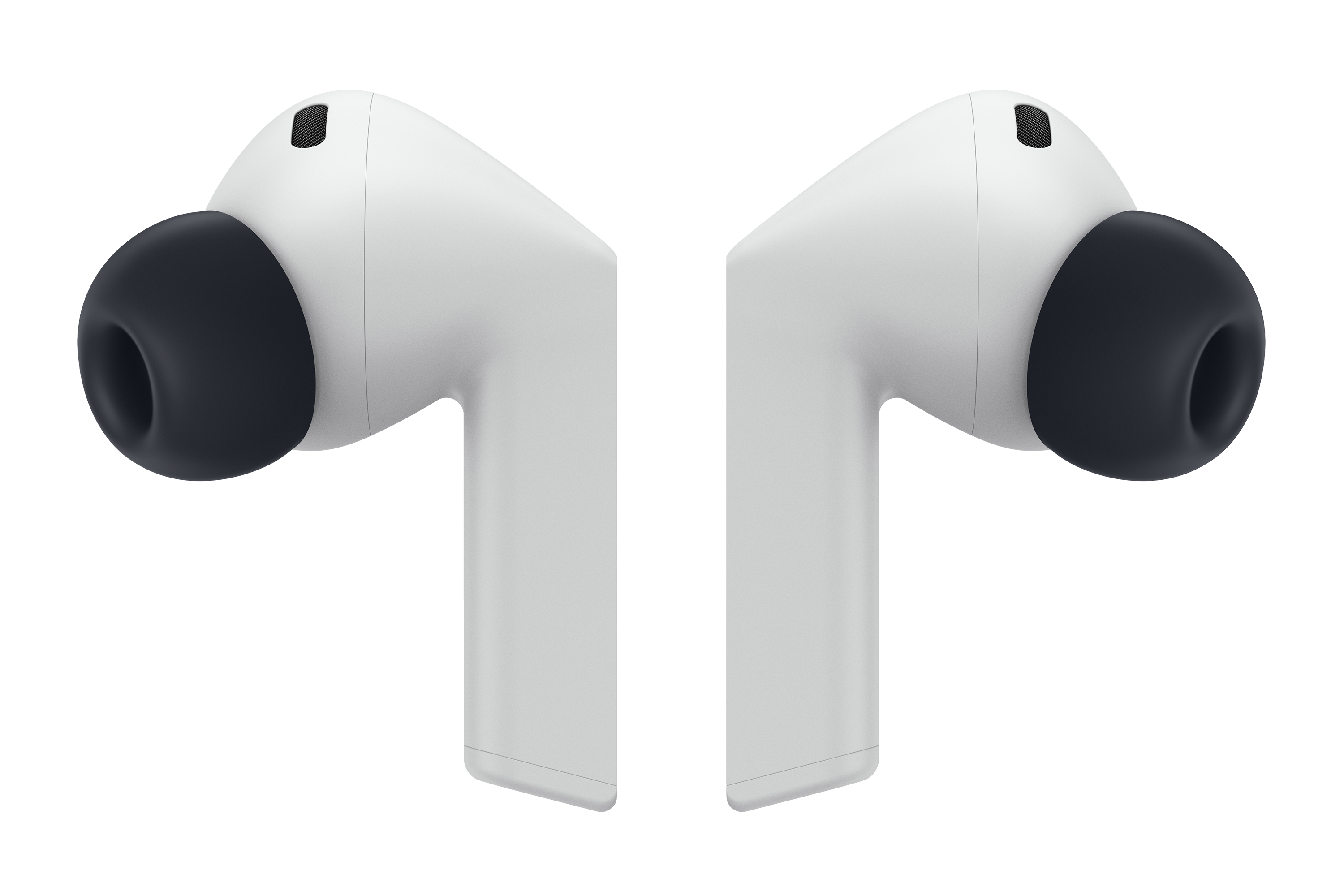 Dwa białe bezprzewodowe słuchawki z czarnymi końcówkami, na czarnym tle, widok z przodu.