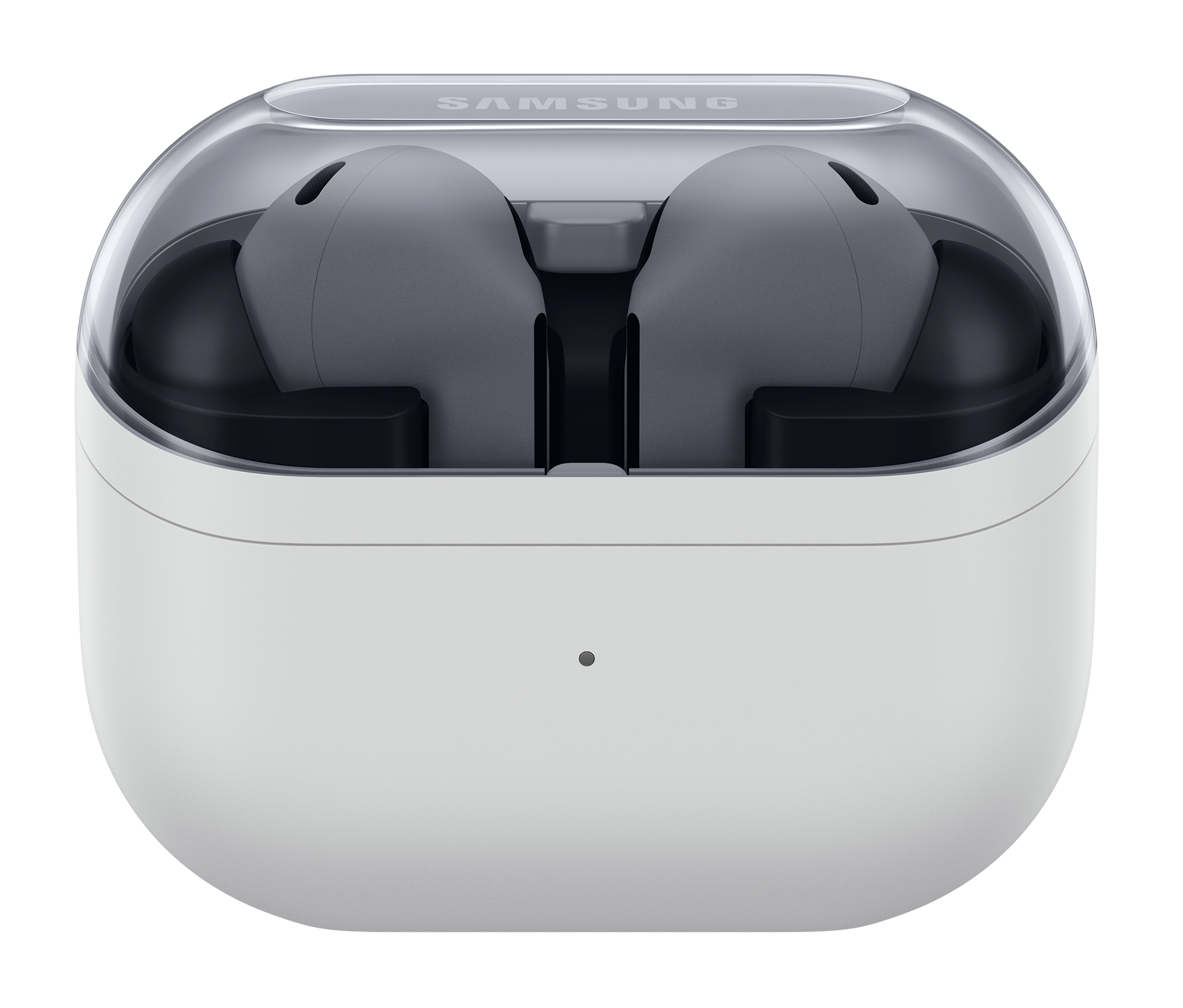 Białe i przezroczyste etui na słuchawki Samsung. W środku widoczne są dwie szare słuchawki. Etui jest na czarnym tle.