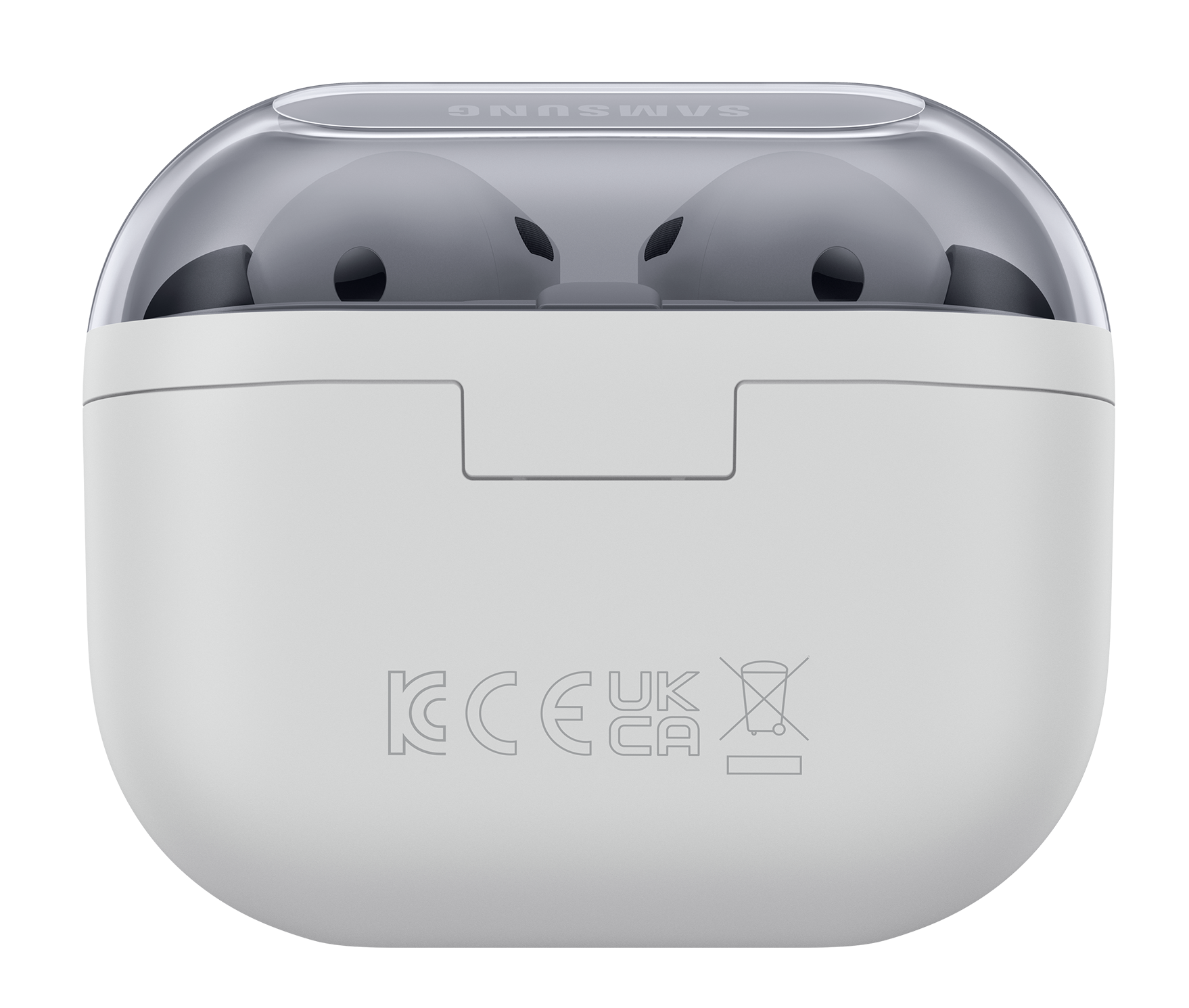 Białe etui z przezroczystą pokrywą zawierające szare słuchawki. Widoczne logo Samsung. Oznaczenia FCC, CE, UKCA na dole.