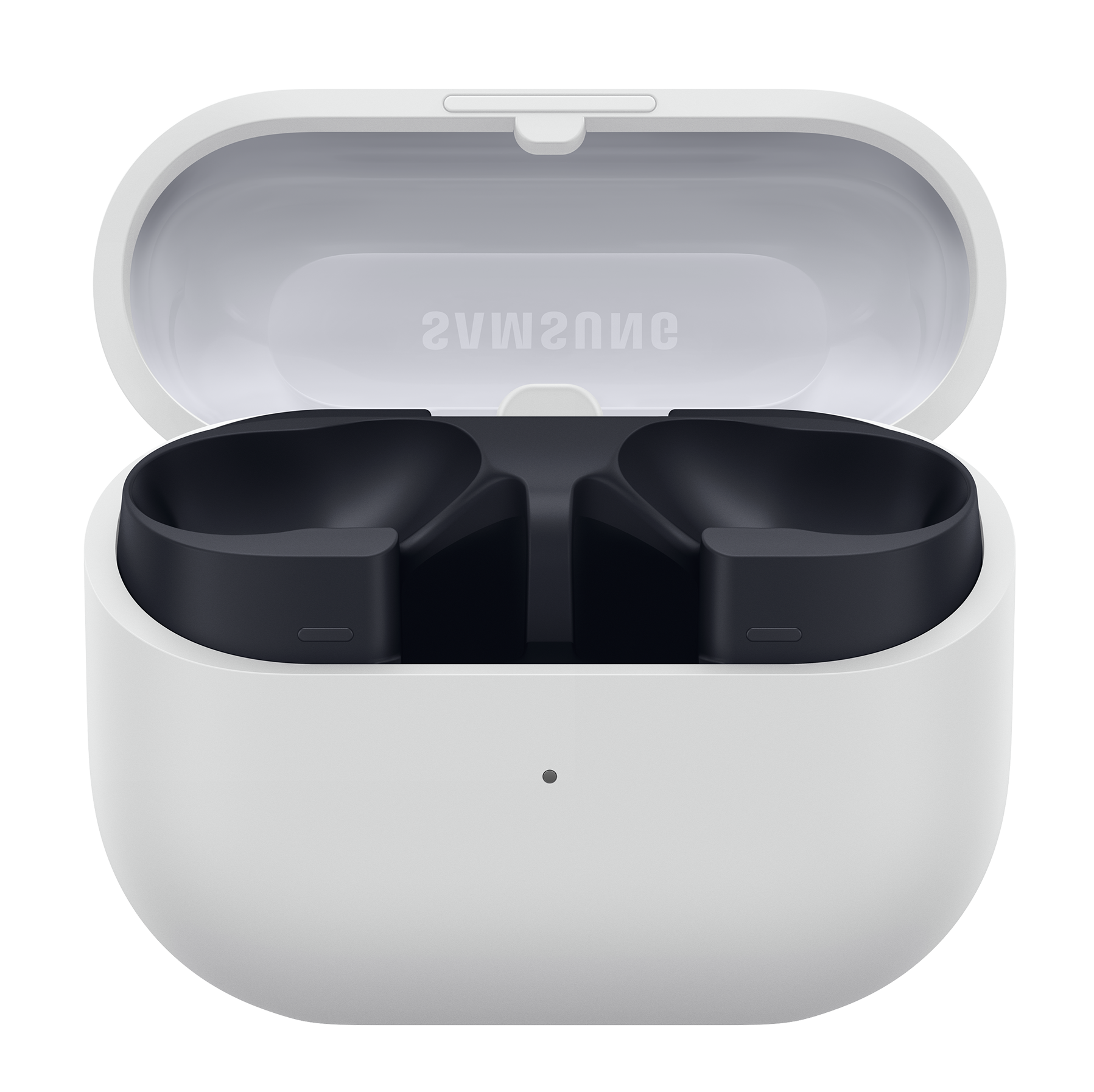 Białe otwarte etui na słuchawki z czarnym wnętrzem, w którym znajdują się słuchawki. Logo Samsung jest widoczne wewnątrz pokrywy.