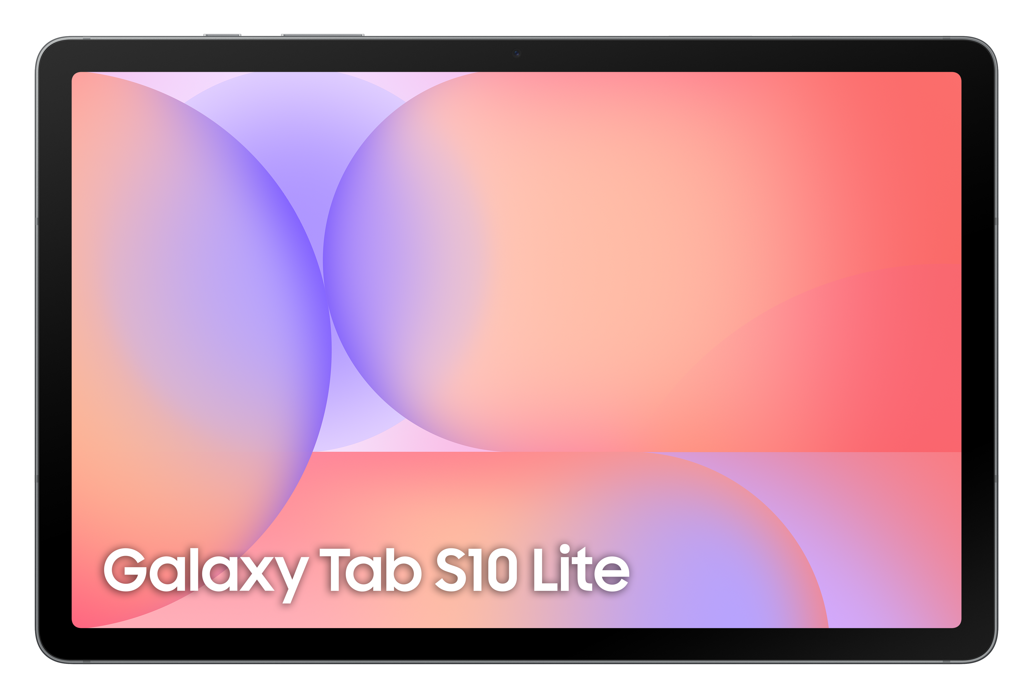 Tablet z czarną ramką, wyświetlający kolorowe abstrakcyjne tło i tekst 'Galaxy Tab S10 Lite'.