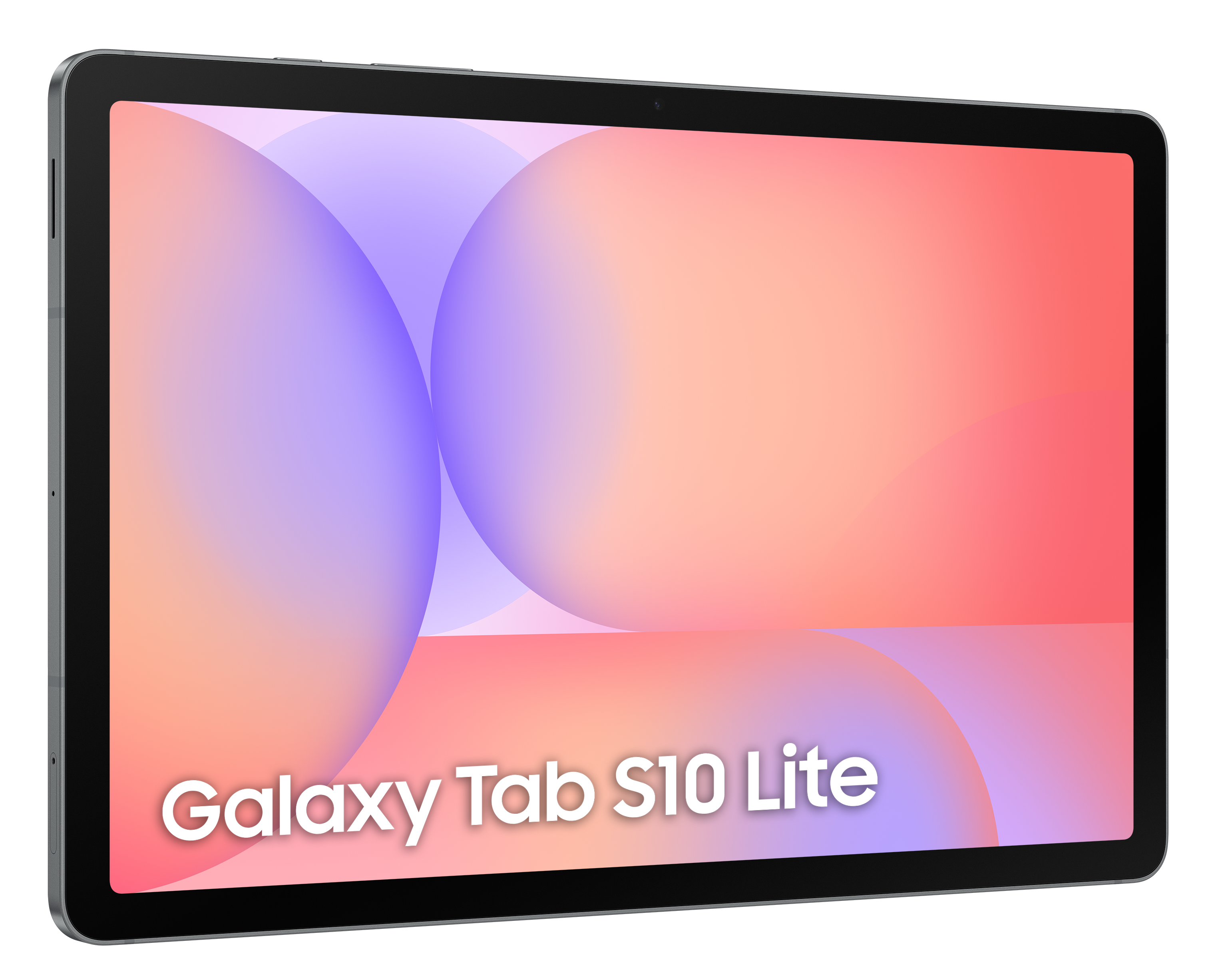 Tablet Samsung Galaxy Tab S10 Lite. Ekran wyświetla kolorowy gradient różu, fioletu i pomarańczu. Czarne tło.