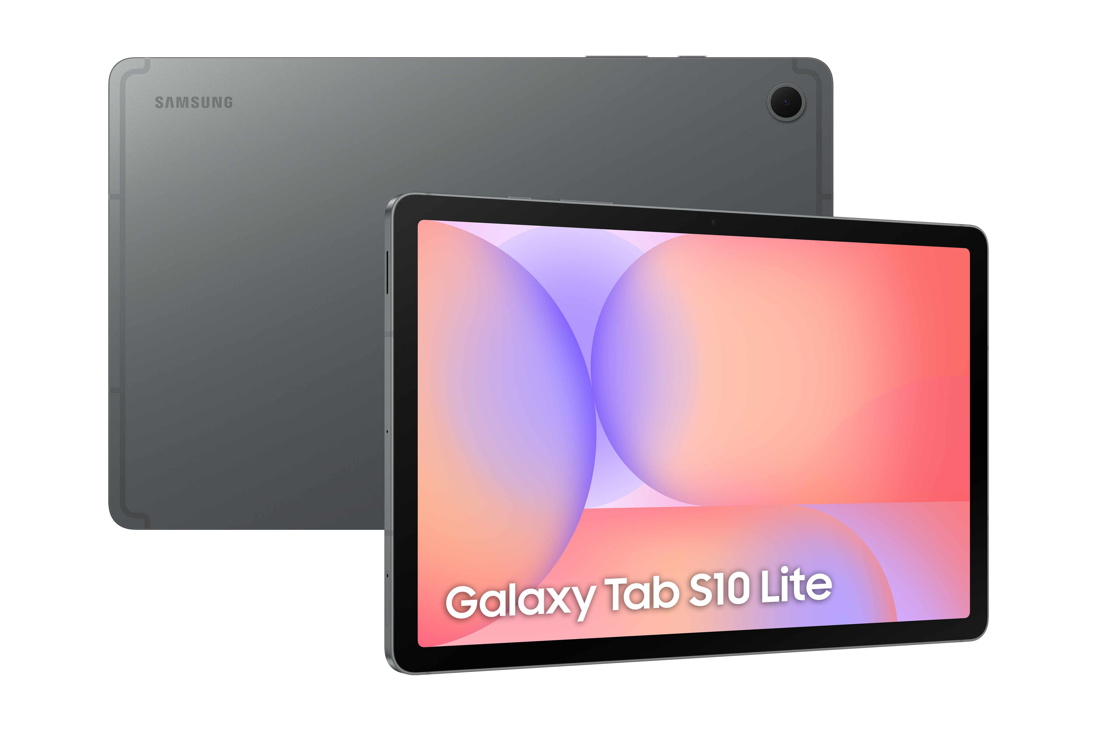 Pokazano dwa szare tablety Samsung. Jeden jest za drugim. Przedni tablet wyświetla logo Galaxy Tab S10 Lite.
