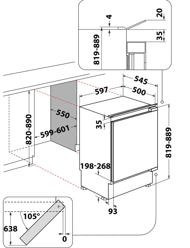 Schemat zmywarki z wymiarami. Pokazuje wymiary w mm, w tym wysokość, szerokość i głębokość urządzenia i instalacji.