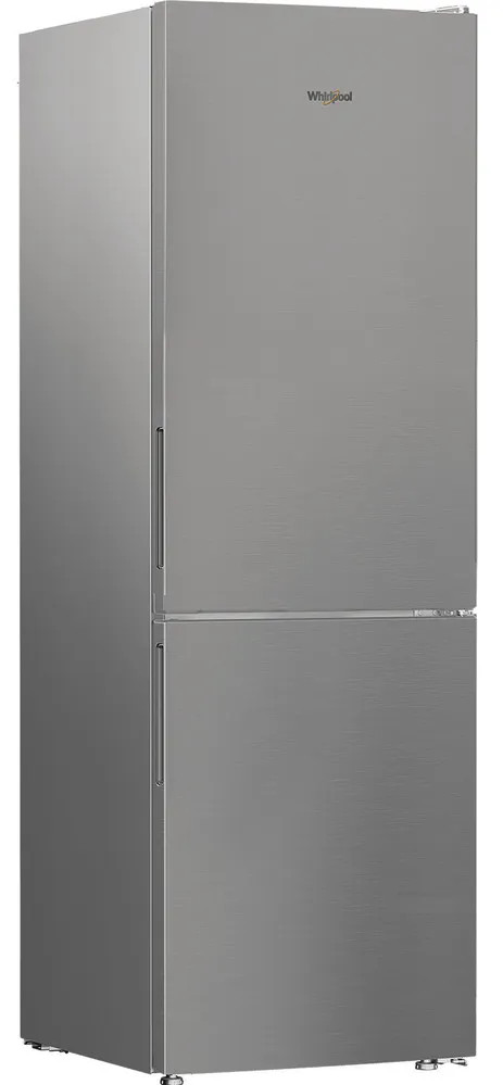 Wysoka, srebrna lodówka z dwiema drzwiami. Ma logo Whirlpool. Drzwi mają pionowe uchwyty.