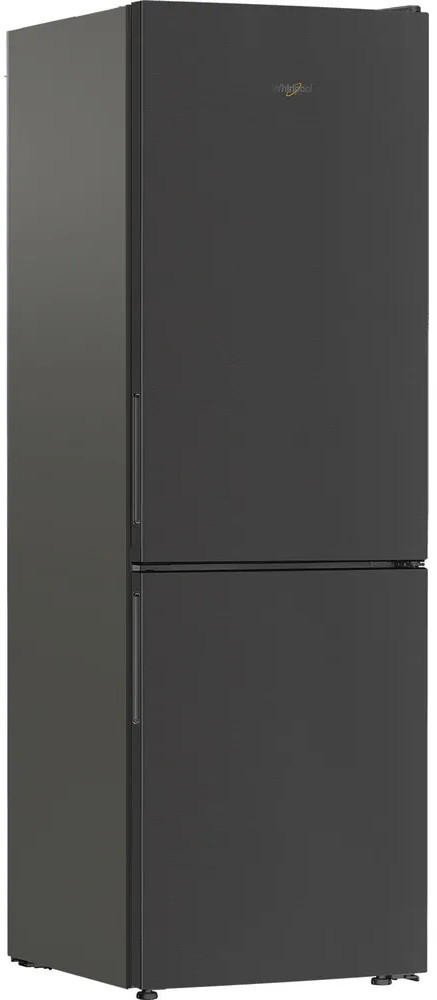 Ciemnoszara lodówka Whirlpool z górnymi i dolnymi drzwiami. Jest to wysokie, wolnostojące urządzenie z pionowymi uchwytami.