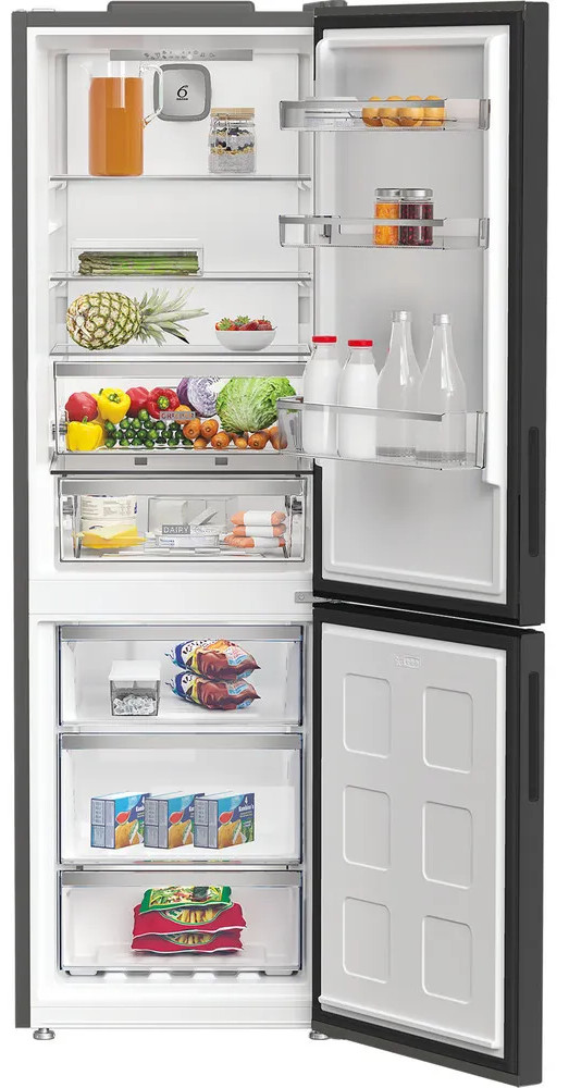 Otwarta lodówka pełna jedzenia. Owoce, warzywa i napoje są widoczne na półkach i w szufladach. Zamrażarka jest również otwarta.