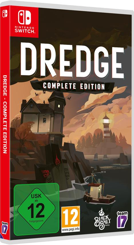 Dredge Complete Edition-Spielcover. Ein Haus auf einer Klippe, Leuchtturm, Boot und dunkler Himmel.