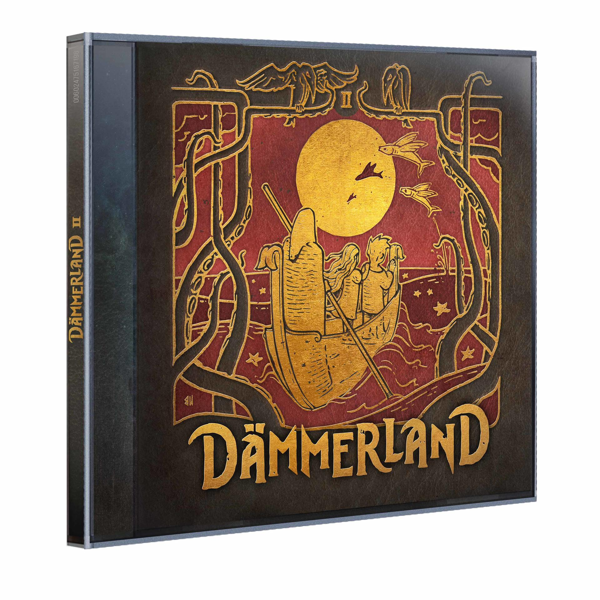 Albumcover-Kunst mit einem Boot auf dem Wasser unter einem Mond. Zwei Figuren im Boot. Gold- und Rottöne dominieren das Kunstwerk.