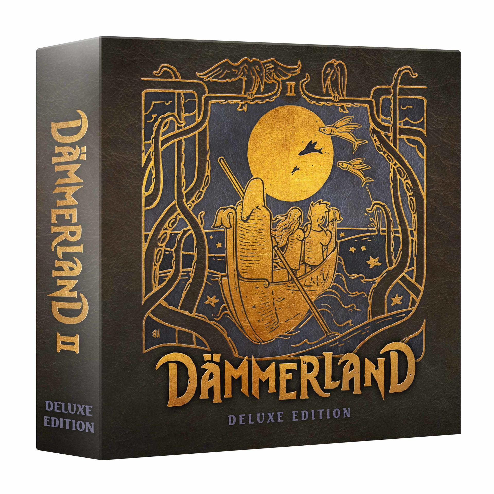 Brettspielbox mit goldener Illustration eines Bootes mit Menschen, Mond, Fischen und Vögeln auf dunklem Hintergrund. Text: Dämmerland II Deluxe Edition.