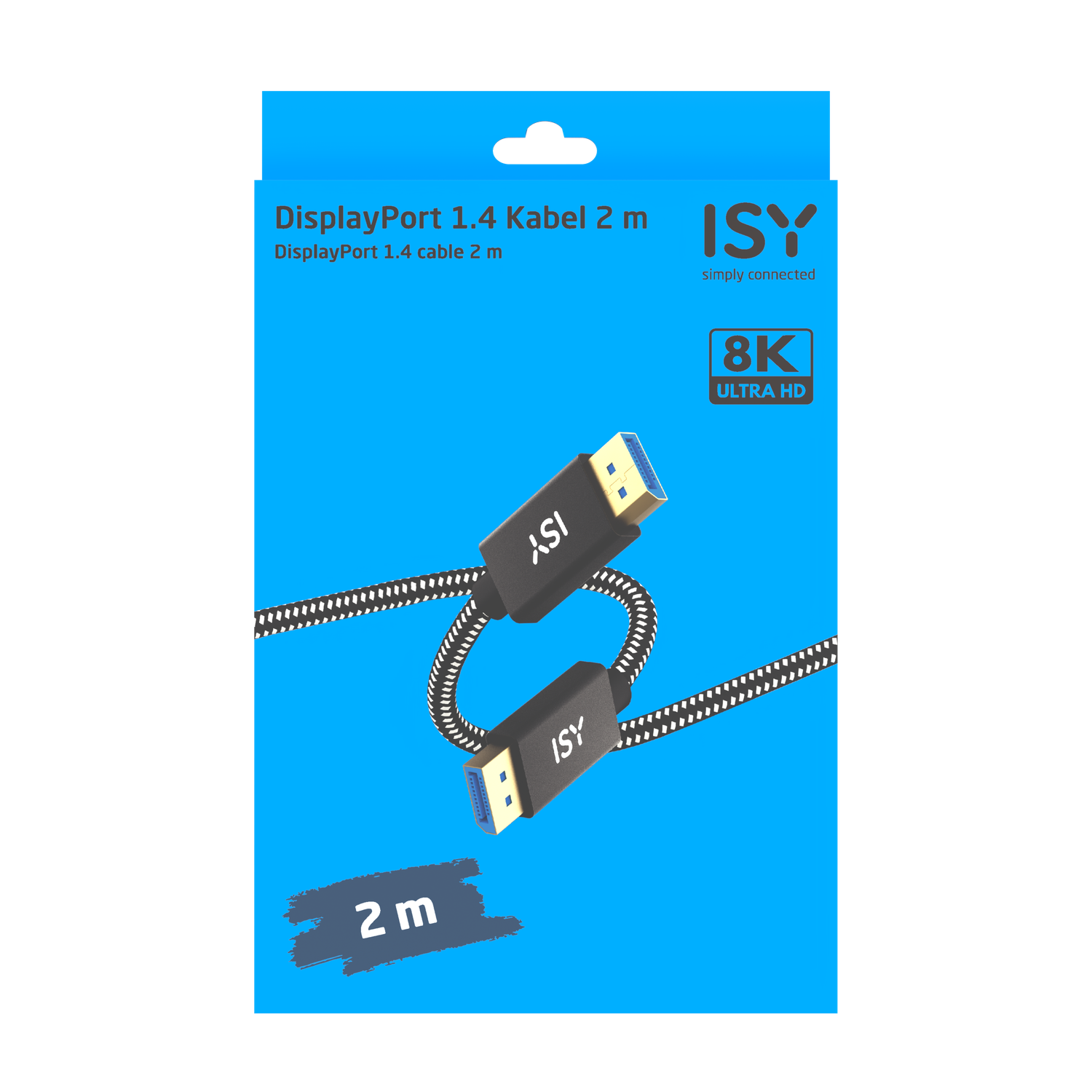 DisplayPort 1.4 cable. Black and white braided cable with connectors. Blue background with product info and ISY logo.