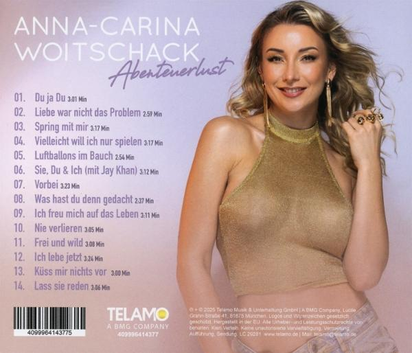 Albumcover von Anna-Carina Woitschack. Sie trägt ein goldenes Oberteil, lächelt. Text enthält Albumtitel, Titelliste und Telamo-Logo.