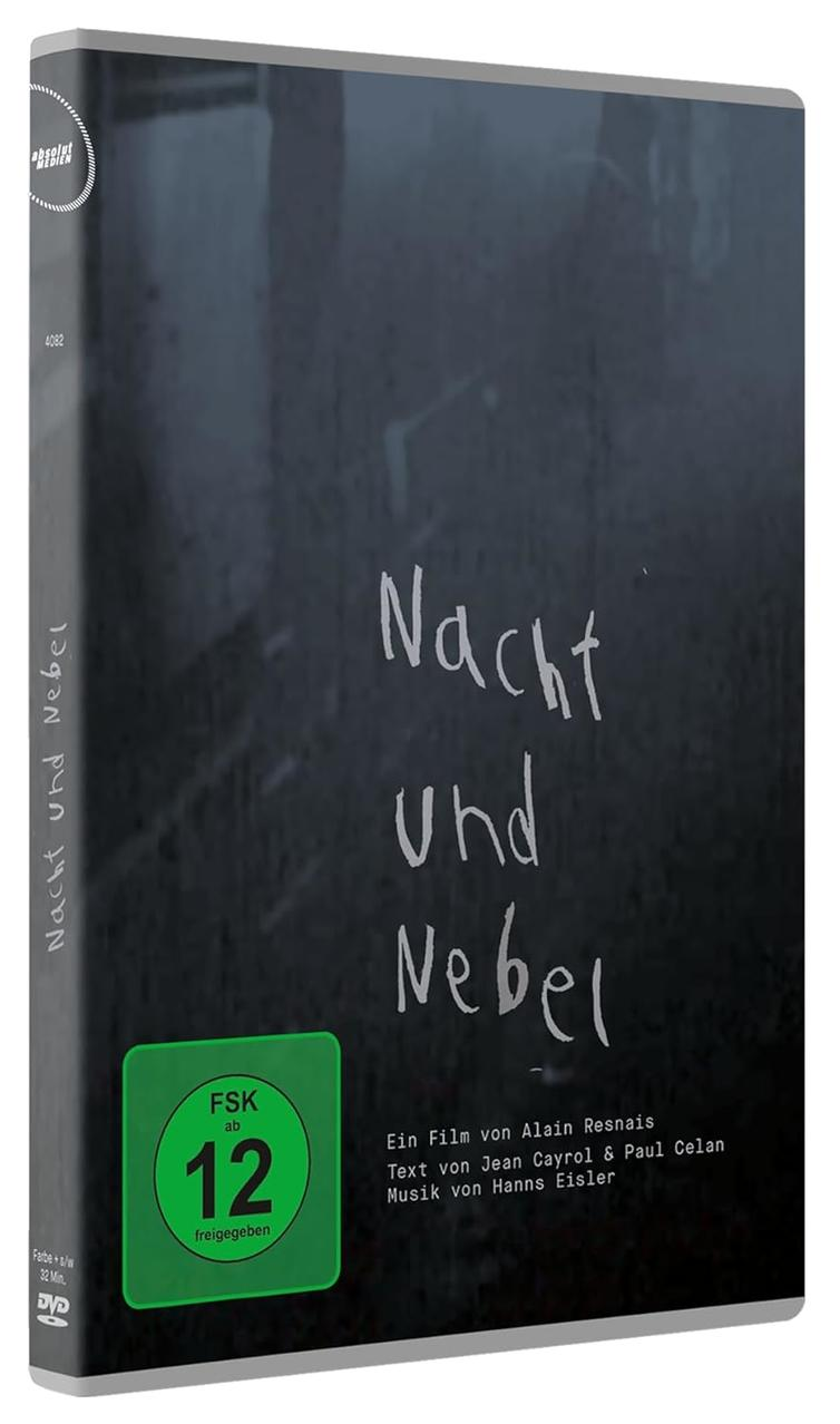 DVD-Hülle von 'Nacht und Nebel'. Text ist weiß auf dunklem Hintergrund. Grünes Etikett zeigt Altersfreigabe. Filmtitel wird angezeigt.