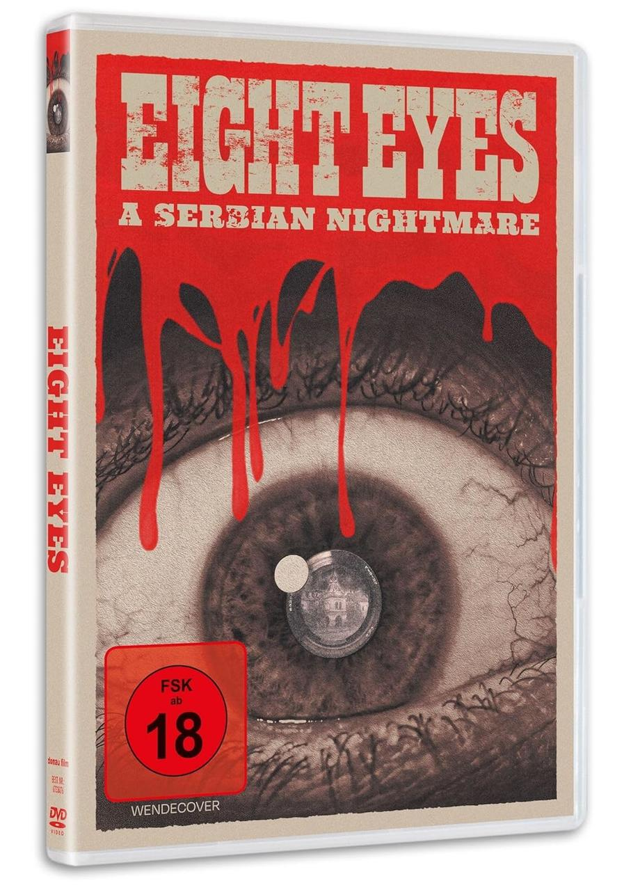 DVD-Hülle von "Eight Eyes". Ein großes Auge mit roten, blutartigen Tropfen und der Titel in Rot und Beige. Eine Altersfreigabe ist sichtbar.