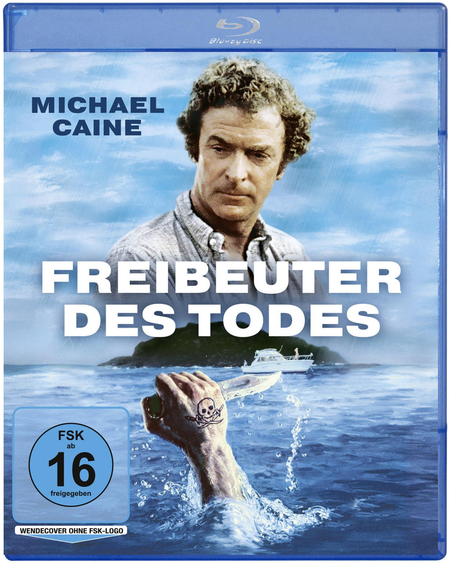 Blu-ray-Cover für "Der Freibeuter des Todes". Michael Caine, Titel, ein Boot, eine Hand mit Totenkopf-Tattoo.