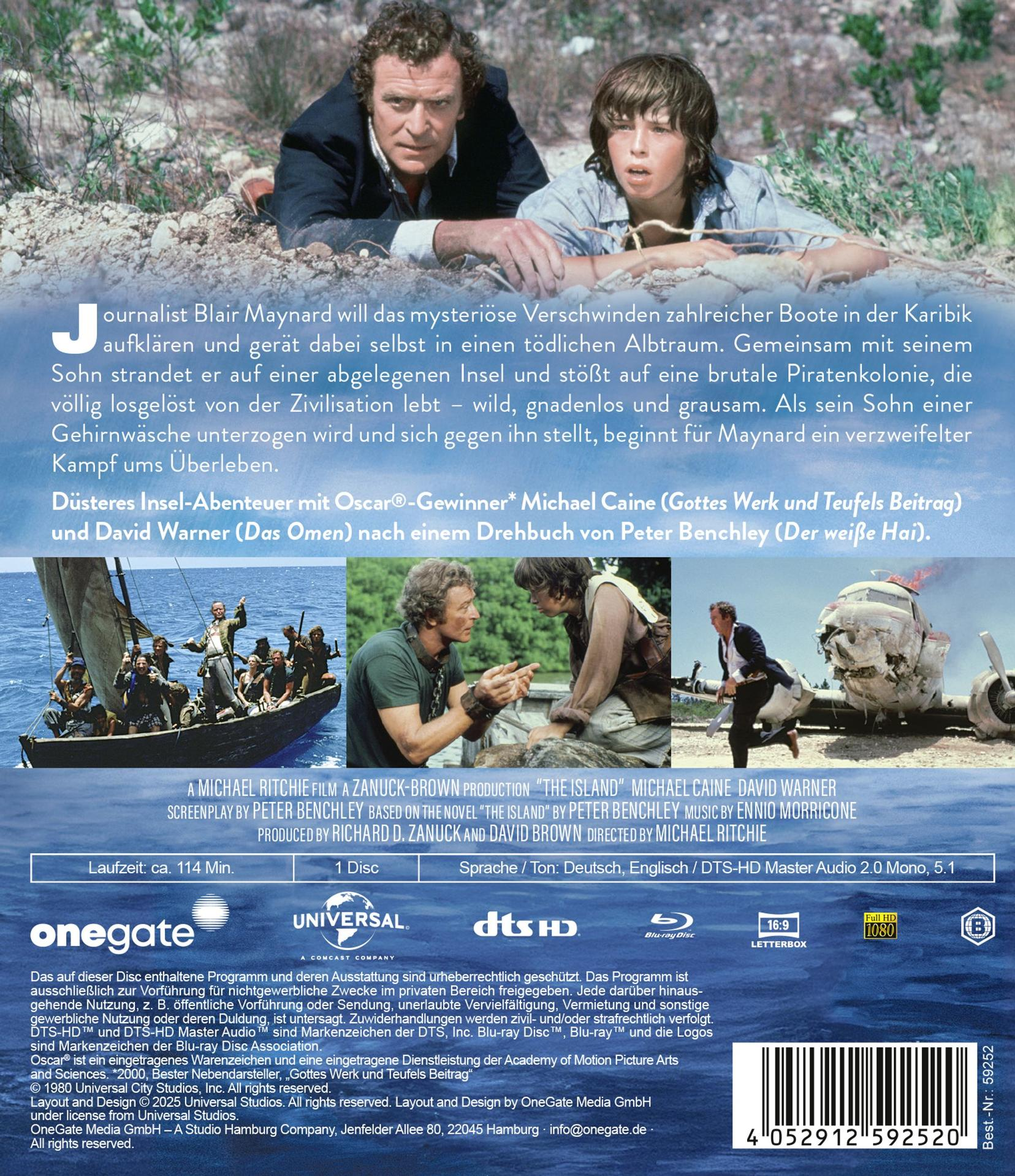 Filmcover. Zwei Männer am Strand. Text: The Island, Michael Caine. Mehrere Bilder des Films werden angezeigt.