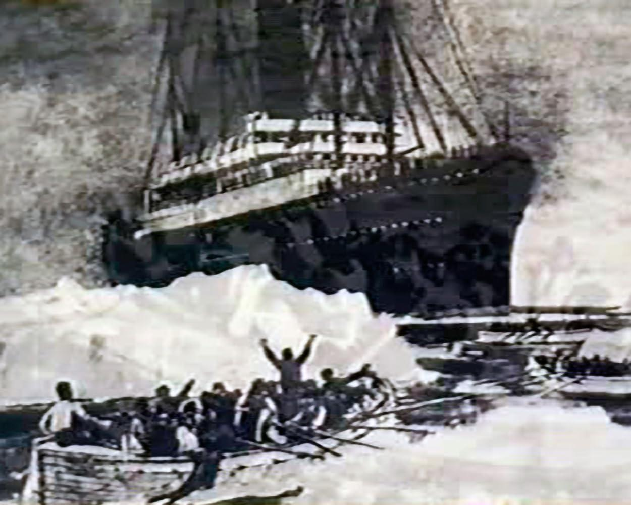 Ein großes Schiff sinkt in eisigen Gewässern, darunter Menschen in Rettungsbooten. Eine dunkle, dramatische Szene.