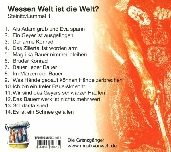 Albumcover mit Text "Wessen Welt ist die Welt?". Enthält eine Zeichnung einer Person und ein Logo mit Pferden.