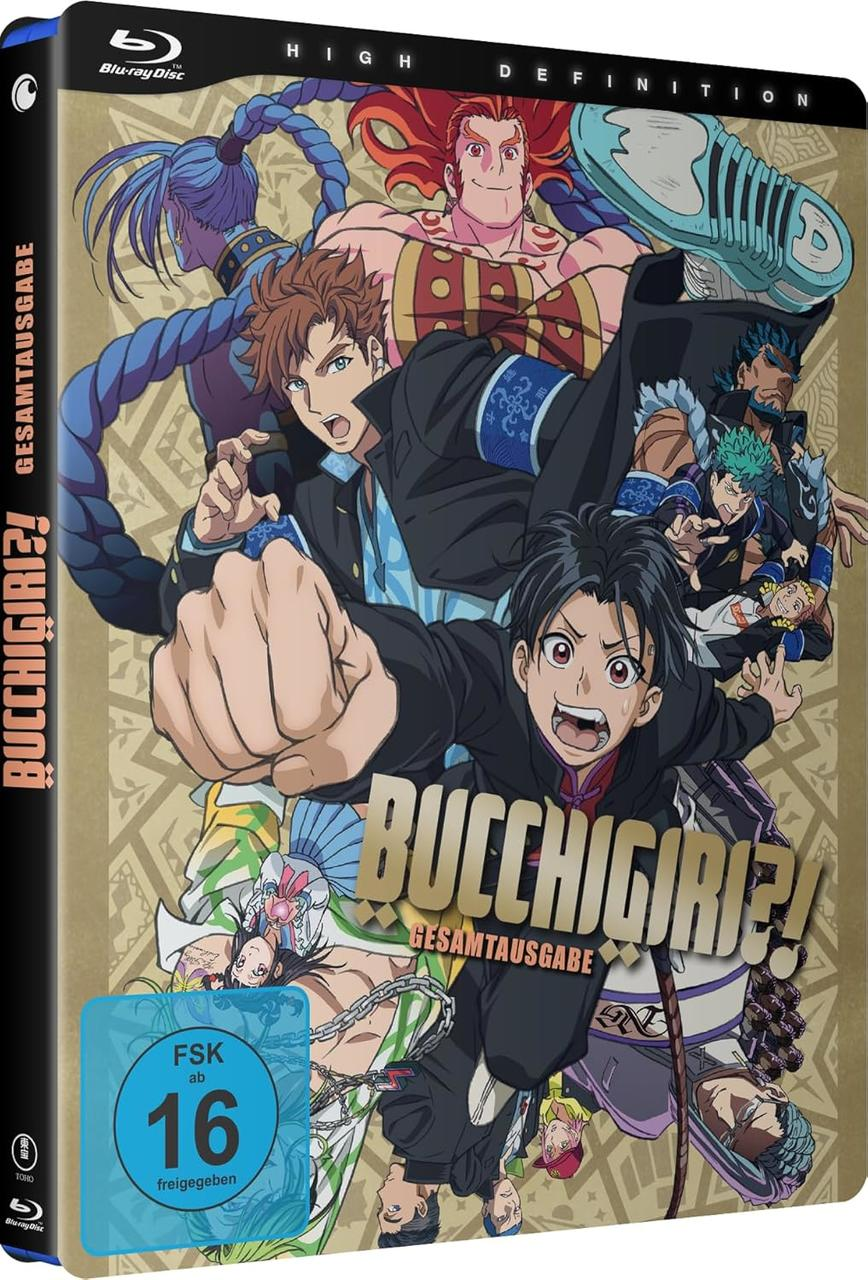 Anime Blu-ray-Cover mit mehreren Charakteren. Der Titel lautet 'BUCCHIGIRI?! GESAMTAUSGABE'. FSK 16-Bewertung sichtbar. Charaktere in dynamischen Posen.