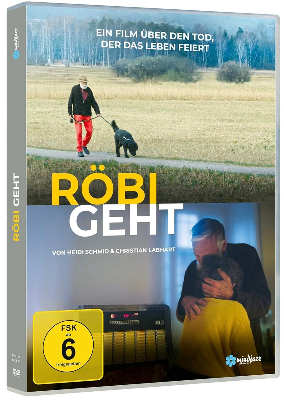 DVD-Cover: Ein Mann geht mit einem Hund spazieren. Text sagt 'Robi geht' und 'Ein Film über den Tod, der das Leben feiert'. Bild zeigt eine Umarmung.