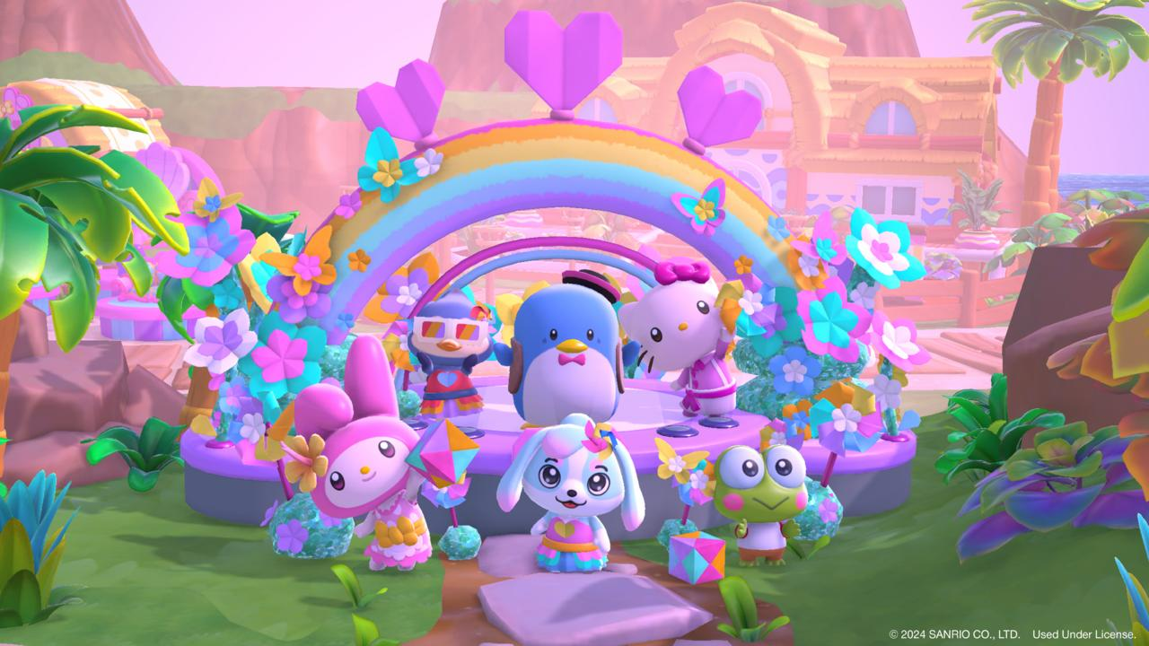 Zeichentrickfiguren stehen unter einem Regenbogenbogen mit Herzen. Blumen und Schmetterlinge schmücken die Szene. Im Hintergrund ein Haus und das Meer.