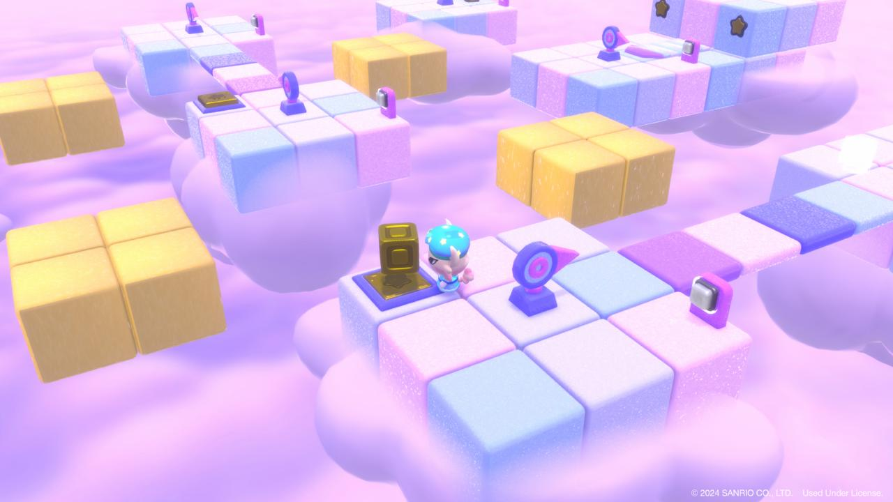 Eine 3D-Spielszene mit schwebenden Plattformen, Würfeln und einem Charakter. Die Szene hat Pastellfarben und spielt in einem Himmel mit Wolken.