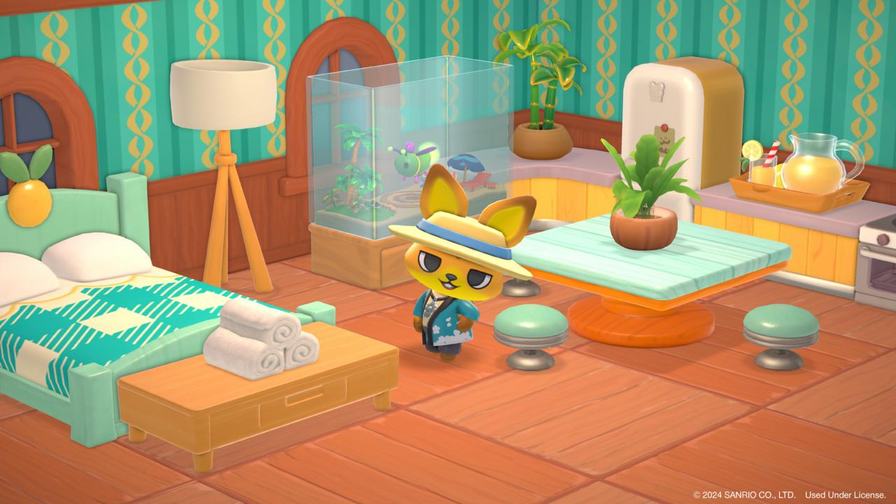 Ein Zimmer mit einem Fuchscharakter. Es hat ein Bett, einen Tisch und ein Aquarium. Das Zimmer ist mit Pflanzen und einem Kühlschrank dekoriert.