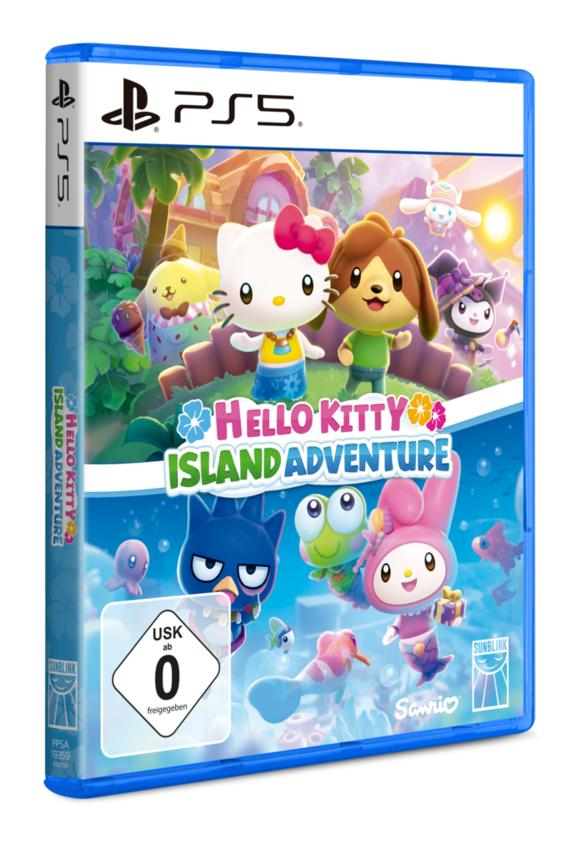 PS5-Spielhülle: Hello Kitty Island Adventure. Mit Hello Kitty, anderen Charakteren und dem Titel auf dem Cover. USK 0 Bewertung.