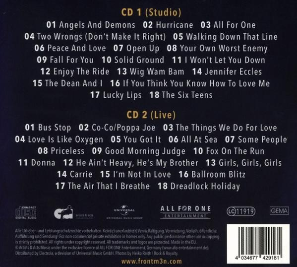 Rückseite der CD-Hülle mit Titellisten für zwei CDs, 'Studio' und 'Live', mit Logos und Text.