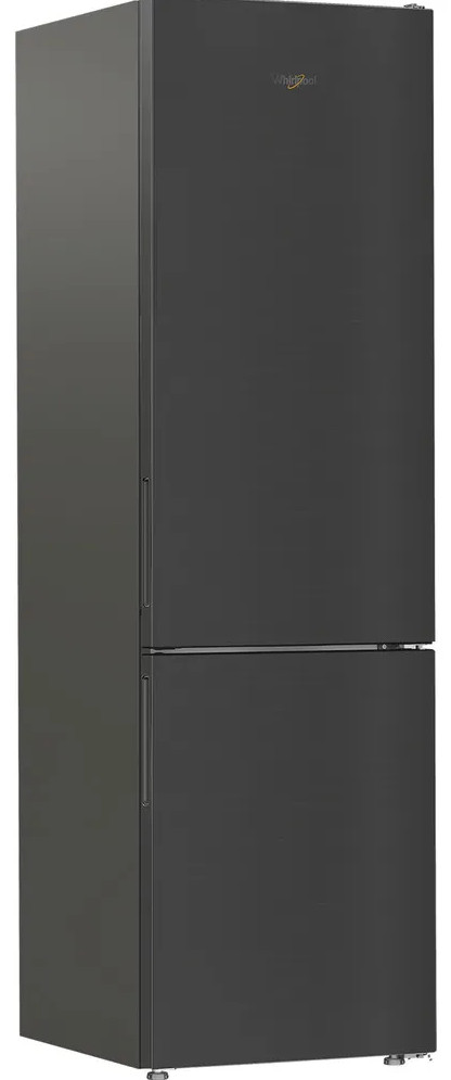 Ciemnoszara lodówka Whirlpool. Górna część ma logo Whirlpool. Dolna część ma uchwyt. Oba mają elegancki design.