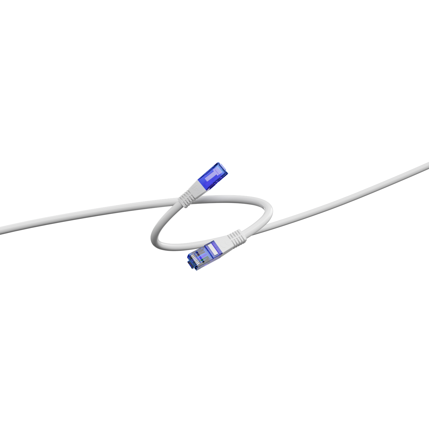 Witte Ethernet-kabel met blauwe connectoren tegen een zwarte achtergrond. De kabel is gebogen en scherp.
